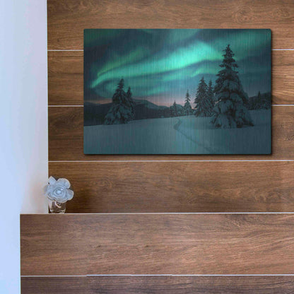 Luxe Metal Art 'Northern Lights In Winter Forest 4' by Luxe Portfolio, Metal Wall Art,16x12