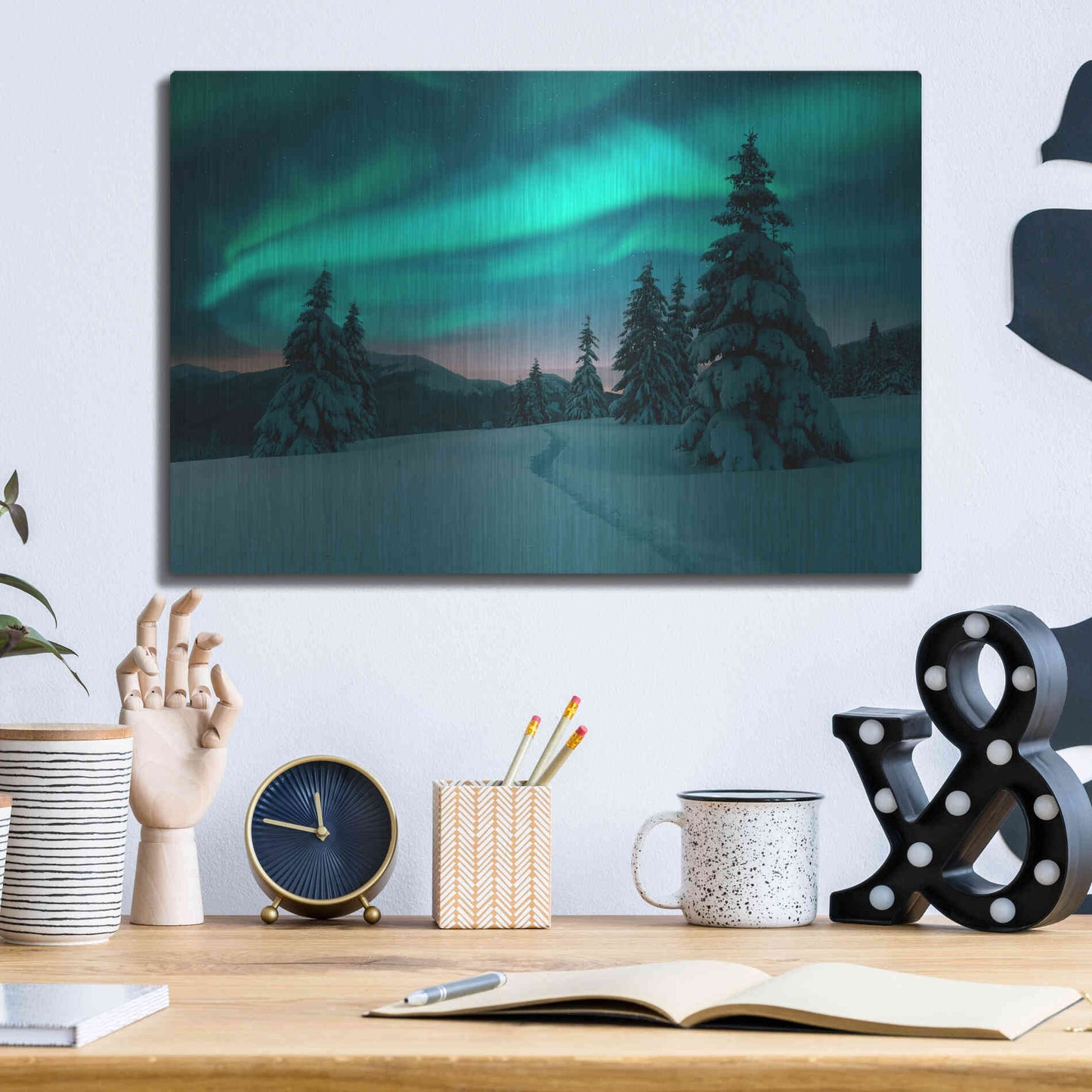 Luxe Metal Art 'Northern Lights In Winter Forest 4' by Luxe Portfolio, Metal Wall Art,16x12