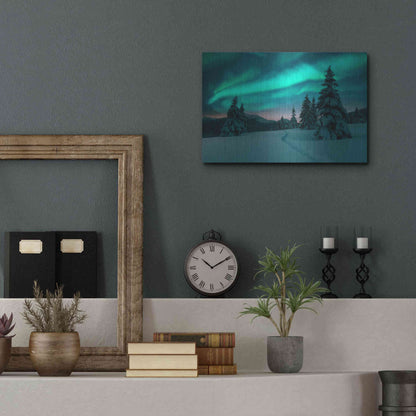 Luxe Metal Art 'Northern Lights In Winter Forest 4' by Luxe Portfolio, Metal Wall Art,16x12