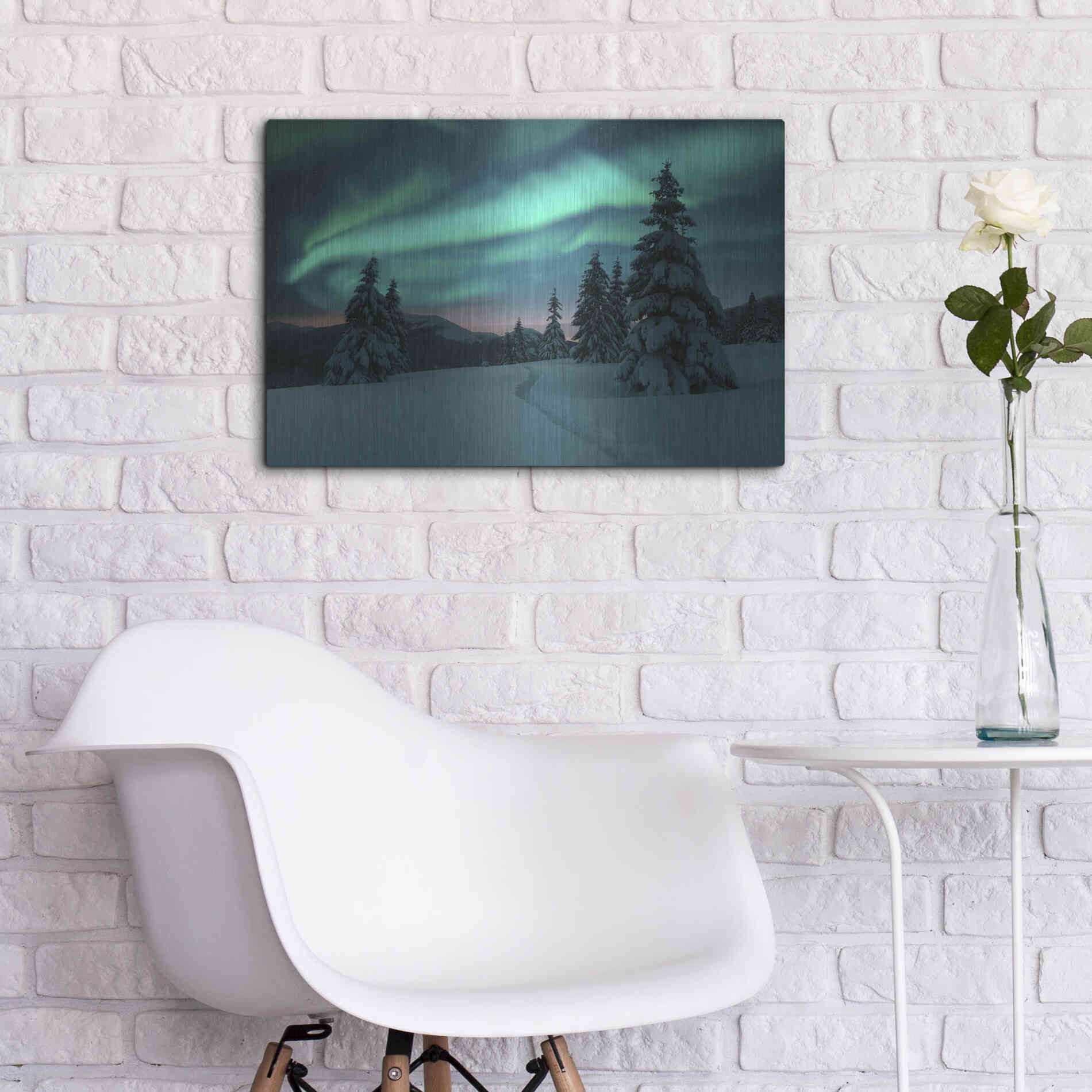 Luxe Metal Art 'Northern Lights In Winter Forest 4' by Luxe Portfolio, Metal Wall Art,24x16