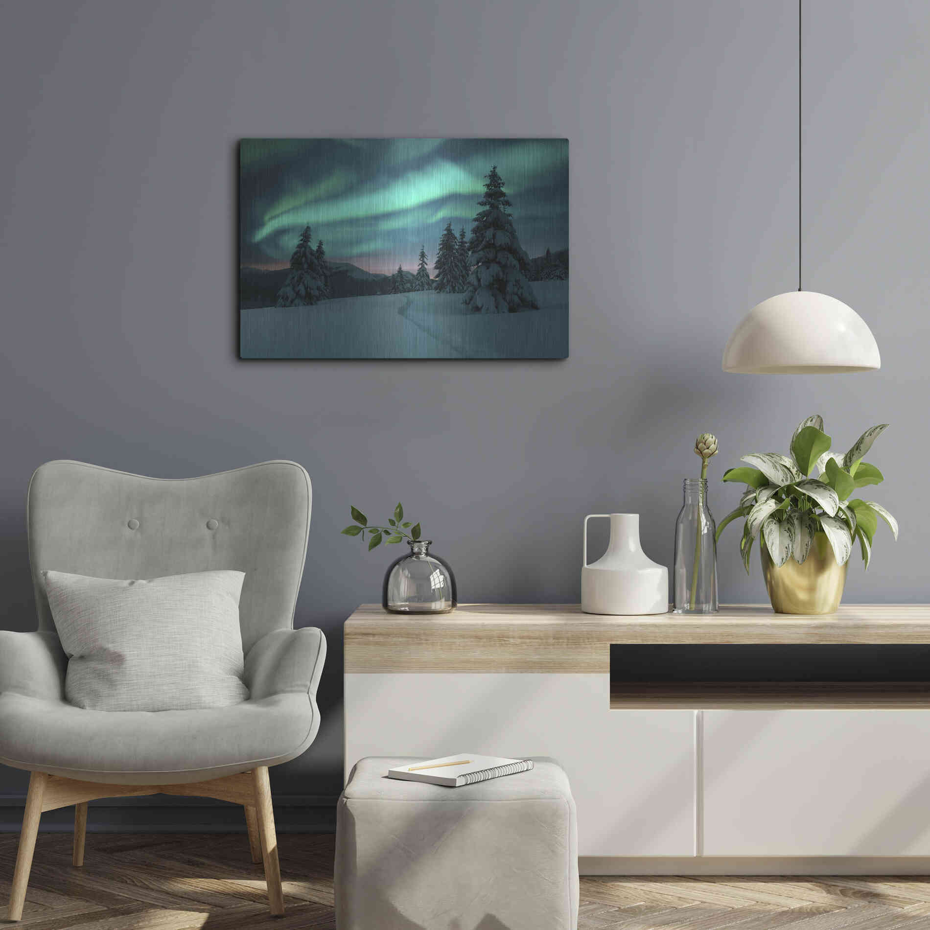 Luxe Metal Art 'Northern Lights In Winter Forest 4' by Luxe Portfolio, Metal Wall Art,24x16
