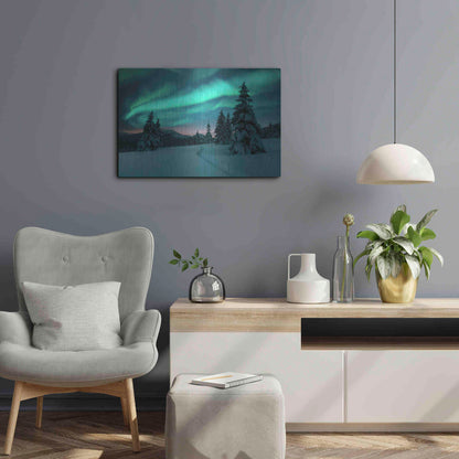 Luxe Metal Art 'Northern Lights In Winter Forest 4' by Luxe Portfolio, Metal Wall Art,24x16