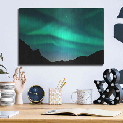 Luxe Metal Art 'Northern Lights In Winter Mountains' by Luxe Portfolio, Metal Wall Art,16x12