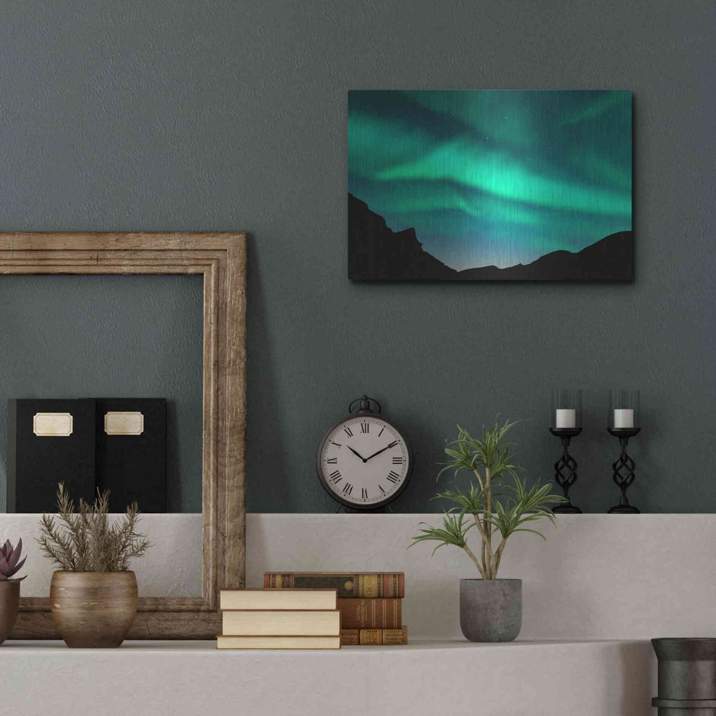 Luxe Metal Art 'Northern Lights In Winter Mountains' by Luxe Portfolio, Metal Wall Art,16x12