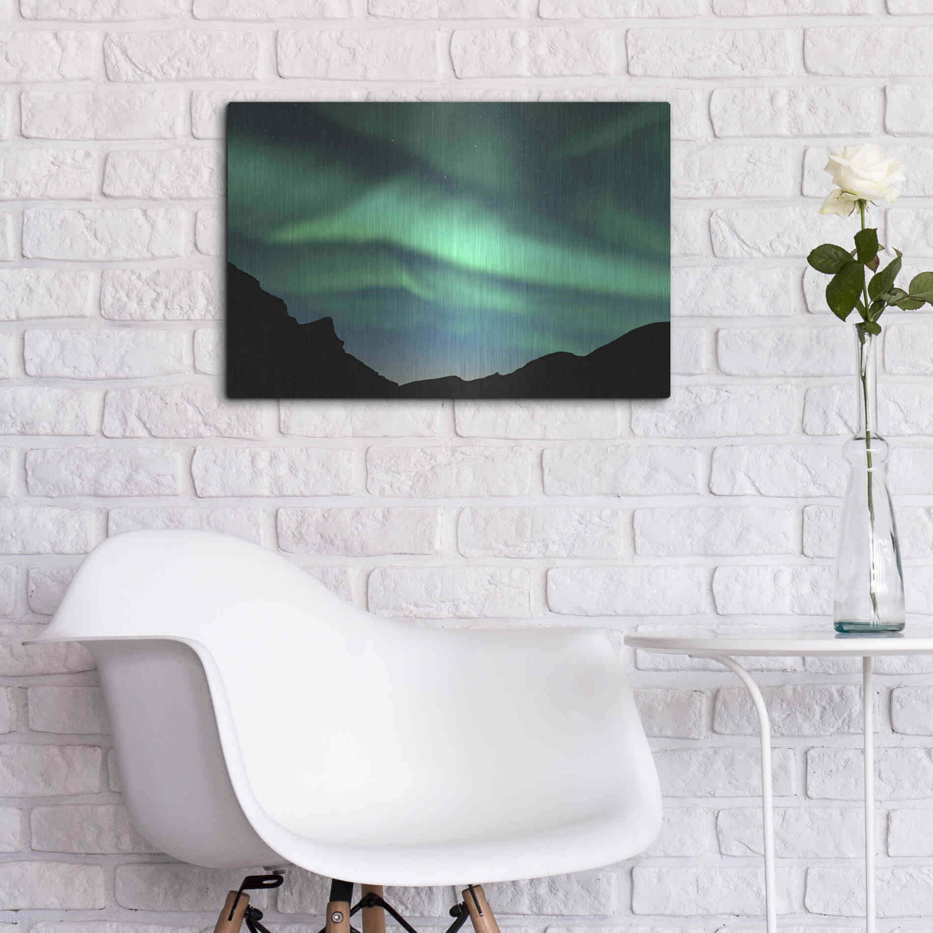 Luxe Metal Art 'Northern Lights In Winter Mountains' by Luxe Portfolio, Metal Wall Art,24x16