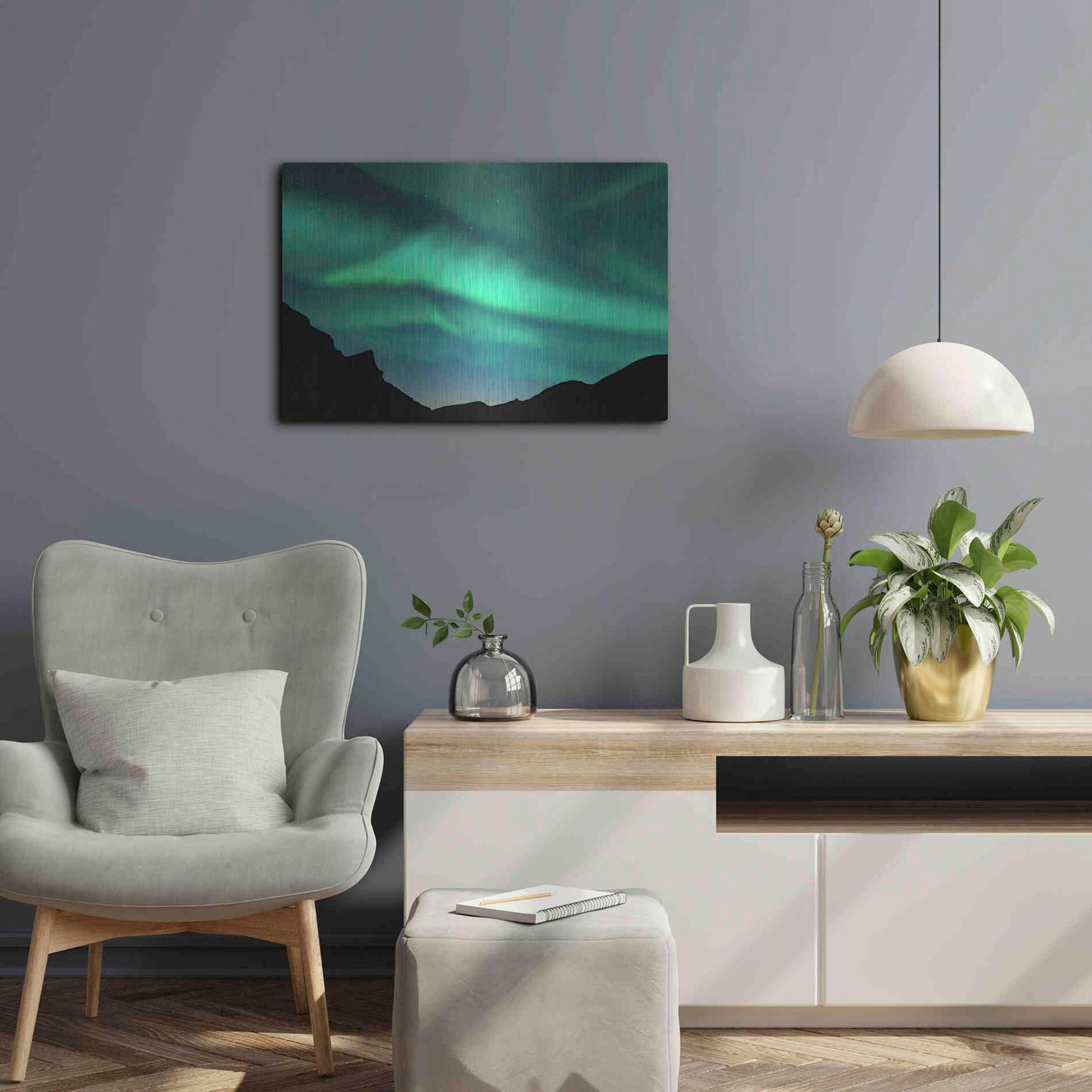 Luxe Metal Art 'Northern Lights In Winter Mountains' by Luxe Portfolio, Metal Wall Art,24x16