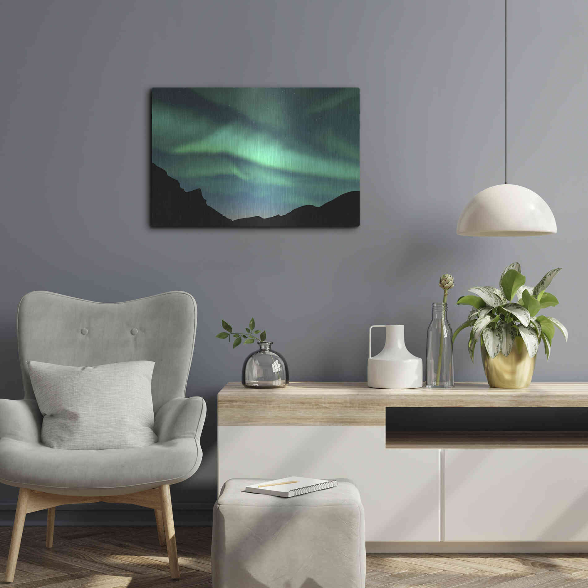 Luxe Metal Art 'Northern Lights In Winter Mountains' by Luxe Portfolio, Metal Wall Art,24x16
