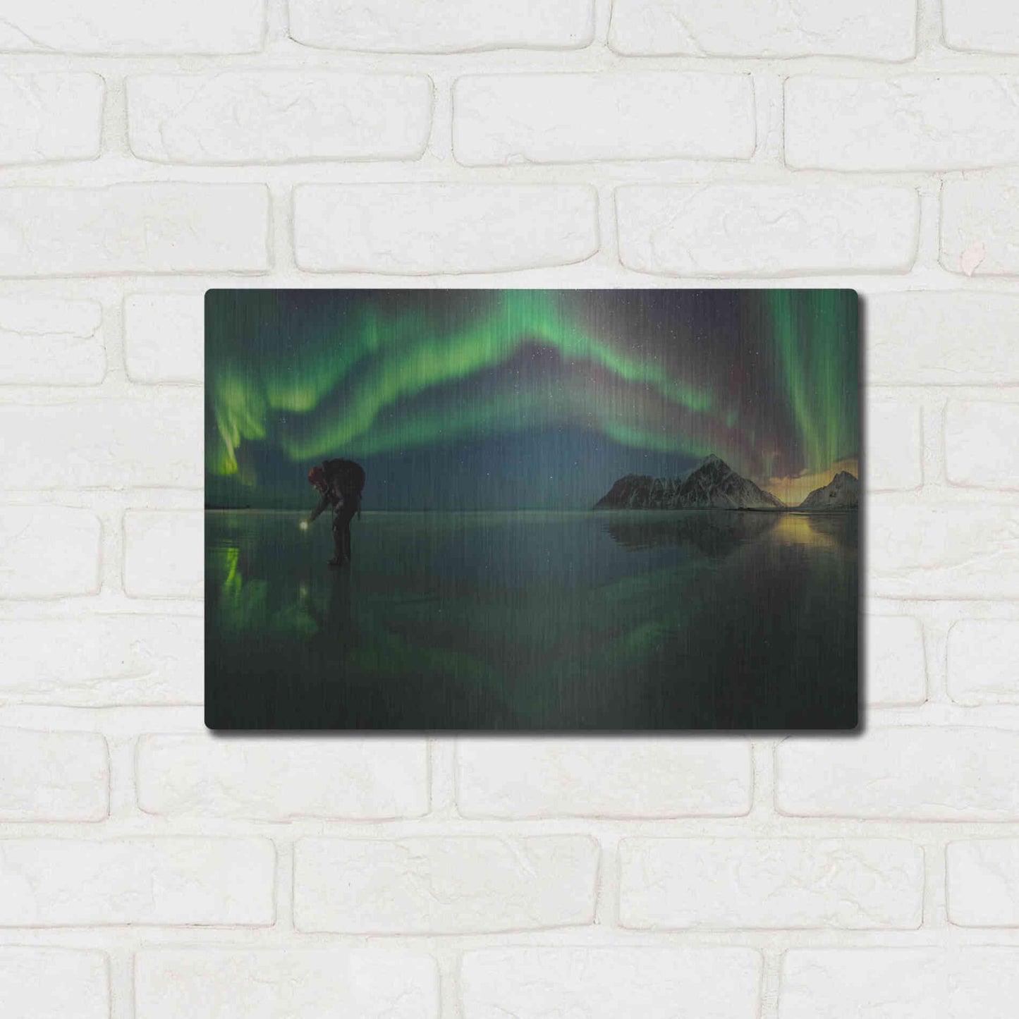 Luxe Metal Art 'Person On Ice During Northern Lights' by Luxe Portfolio, Metal Wall Art,16x12