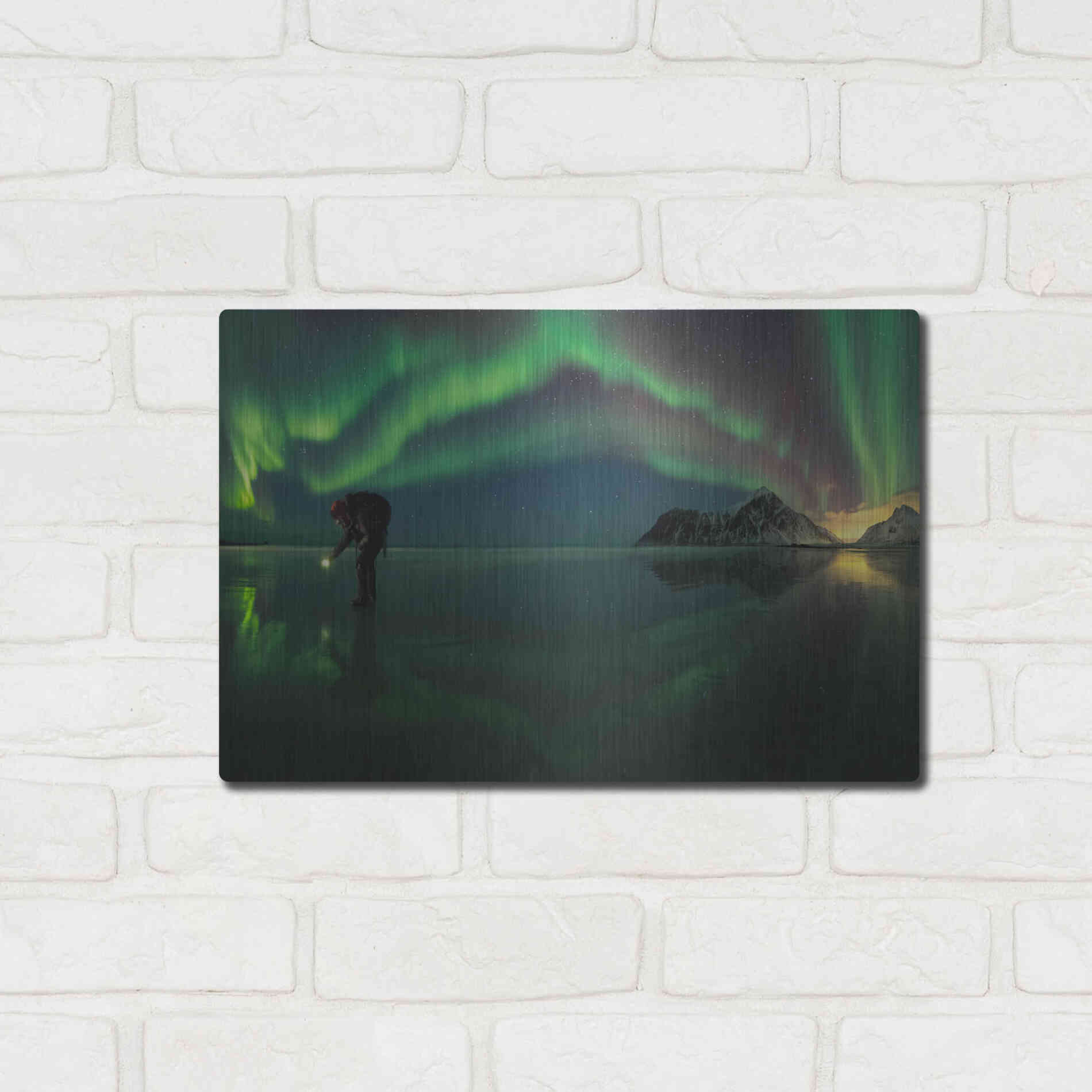 Luxe Metal Art 'Person On Ice During Northern Lights' by Luxe Portfolio, Metal Wall Art,16x12