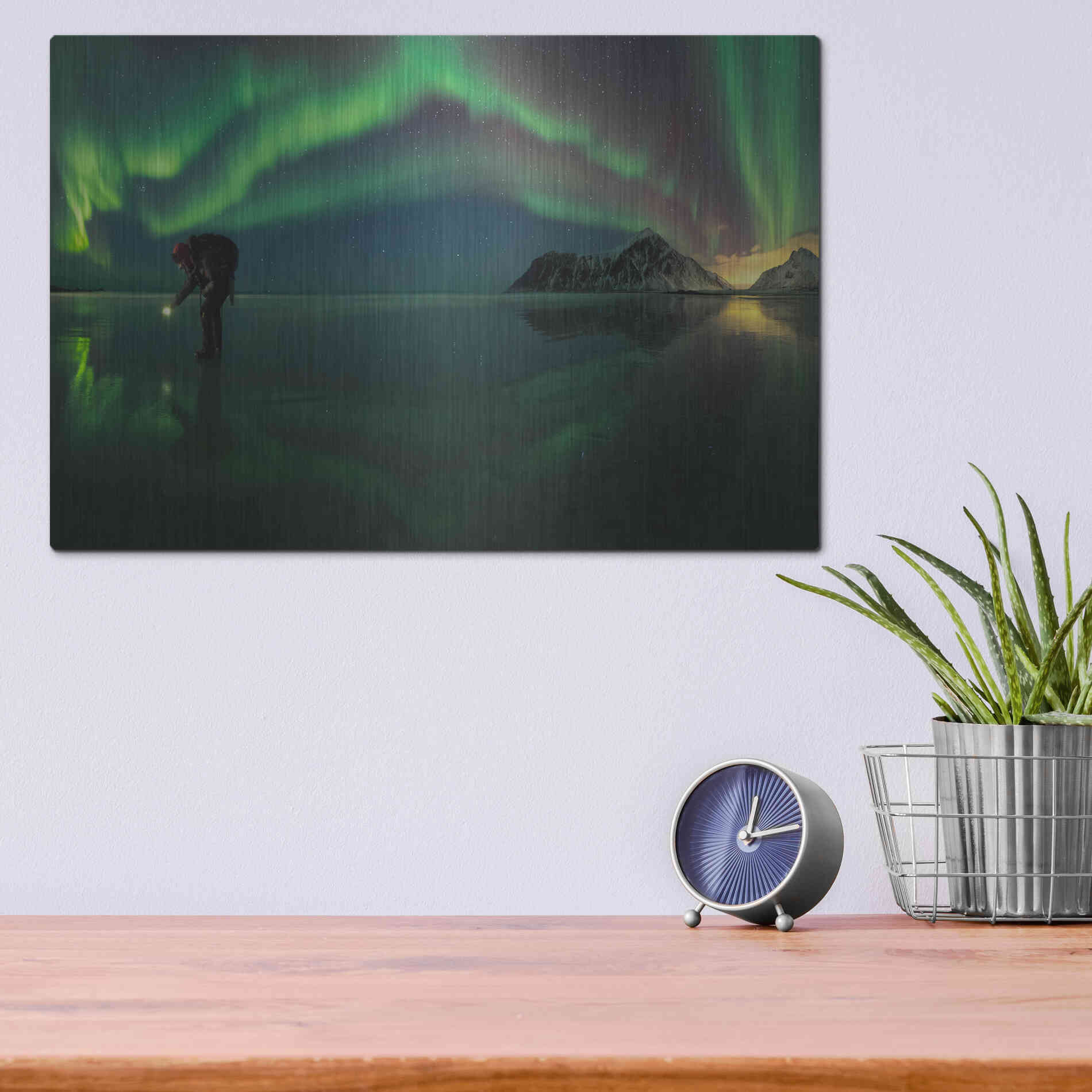 Luxe Metal Art 'Person On Ice During Northern Lights' by Luxe Portfolio, Metal Wall Art,16x12