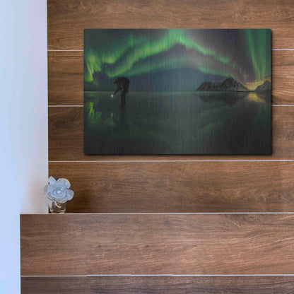 Luxe Metal Art 'Person On Ice During Northern Lights' by Luxe Portfolio, Metal Wall Art,16x12