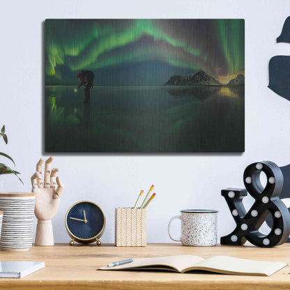 Luxe Metal Art 'Person On Ice During Northern Lights' by Luxe Portfolio, Metal Wall Art,16x12