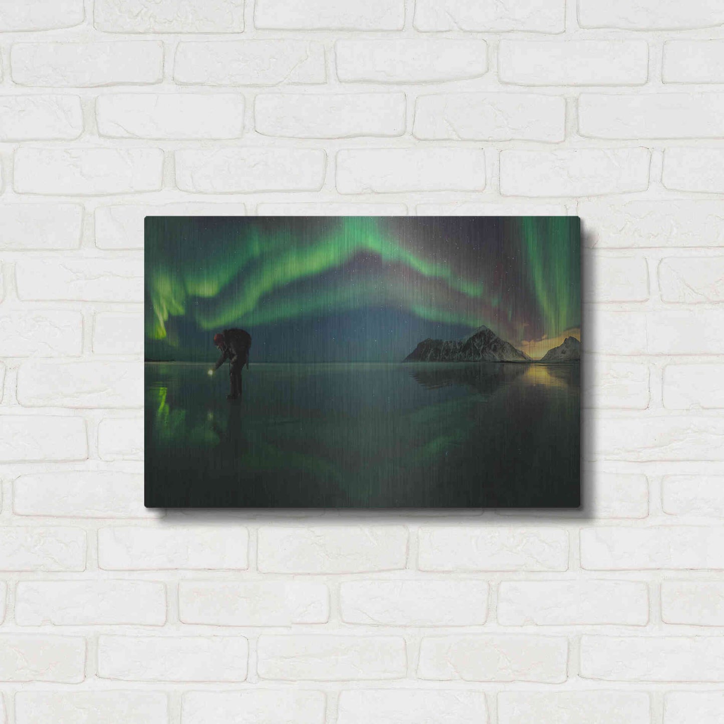 Luxe Metal Art 'Person On Ice During Northern Lights' by Luxe Portfolio, Metal Wall Art,24x16