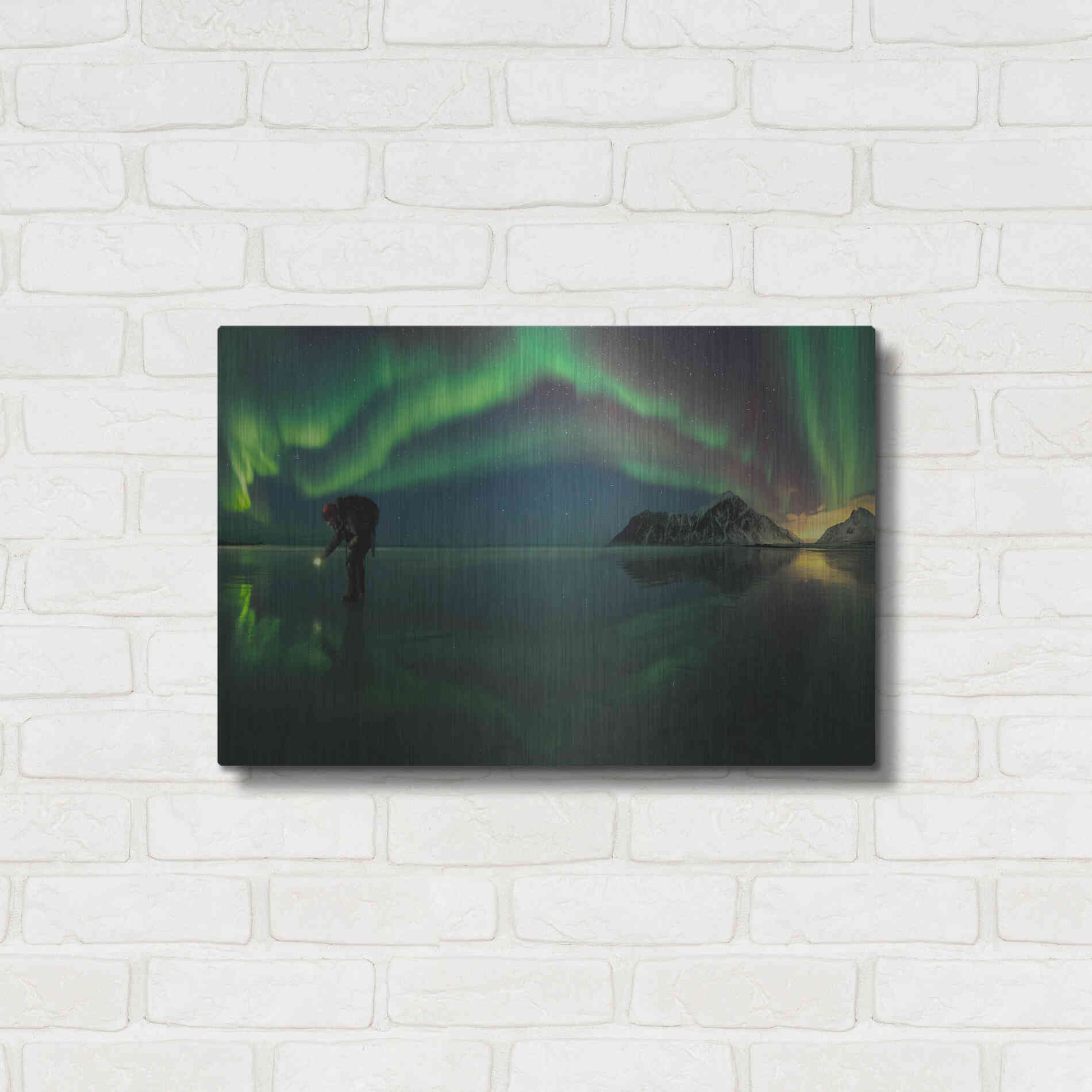 Luxe Metal Art 'Person On Ice During Northern Lights' by Luxe Portfolio, Metal Wall Art,24x16
