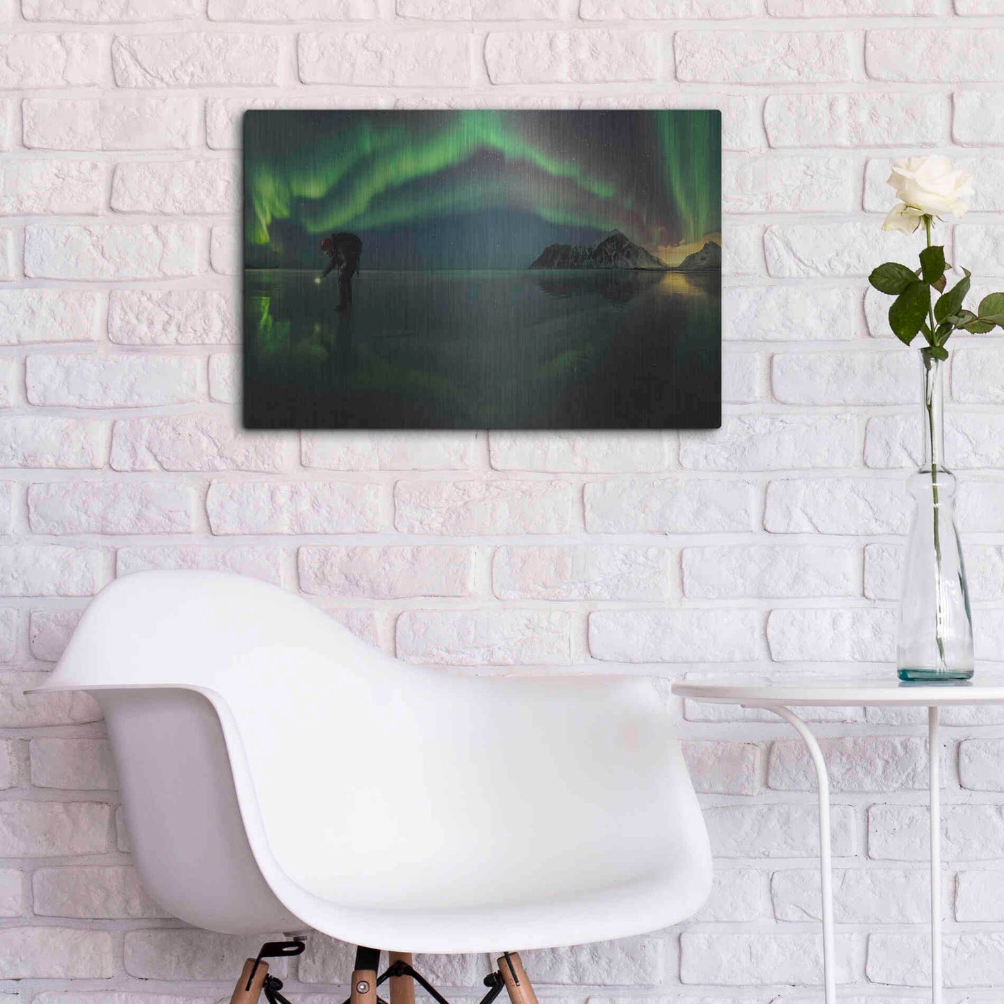 Luxe Metal Art 'Person On Ice During Northern Lights' by Luxe Portfolio, Metal Wall Art,24x16