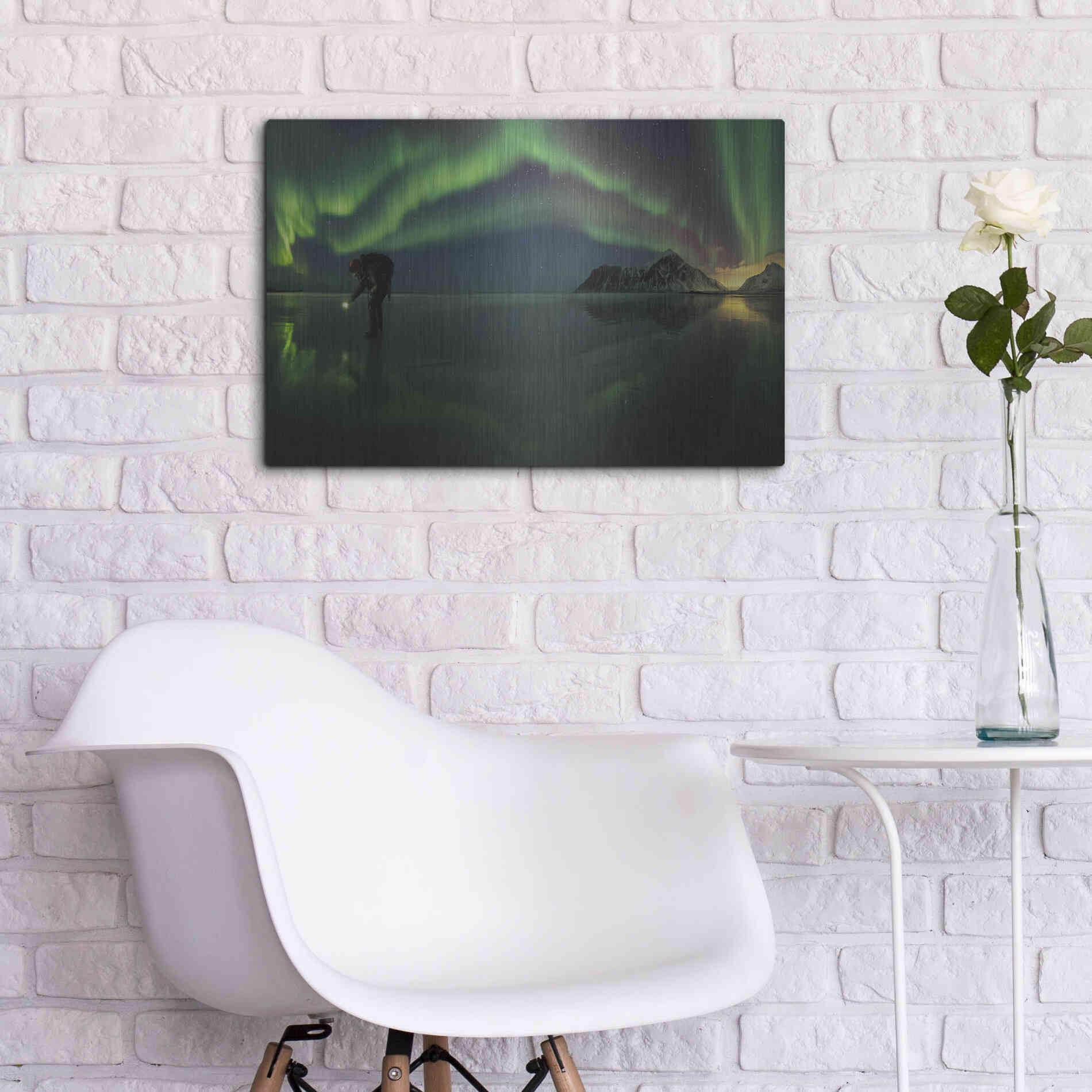 Luxe Metal Art 'Person On Ice During Northern Lights' by Luxe Portfolio, Metal Wall Art,24x16