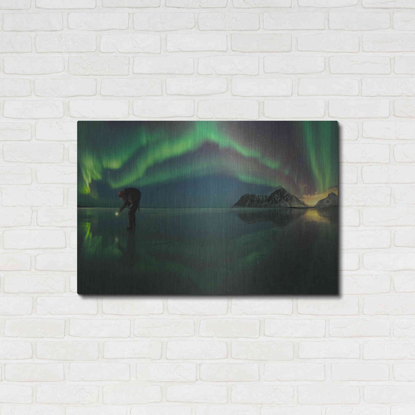 Luxe Metal Art 'Person On Ice During Northern Lights' by Luxe Portfolio, Metal Wall Art,36x24