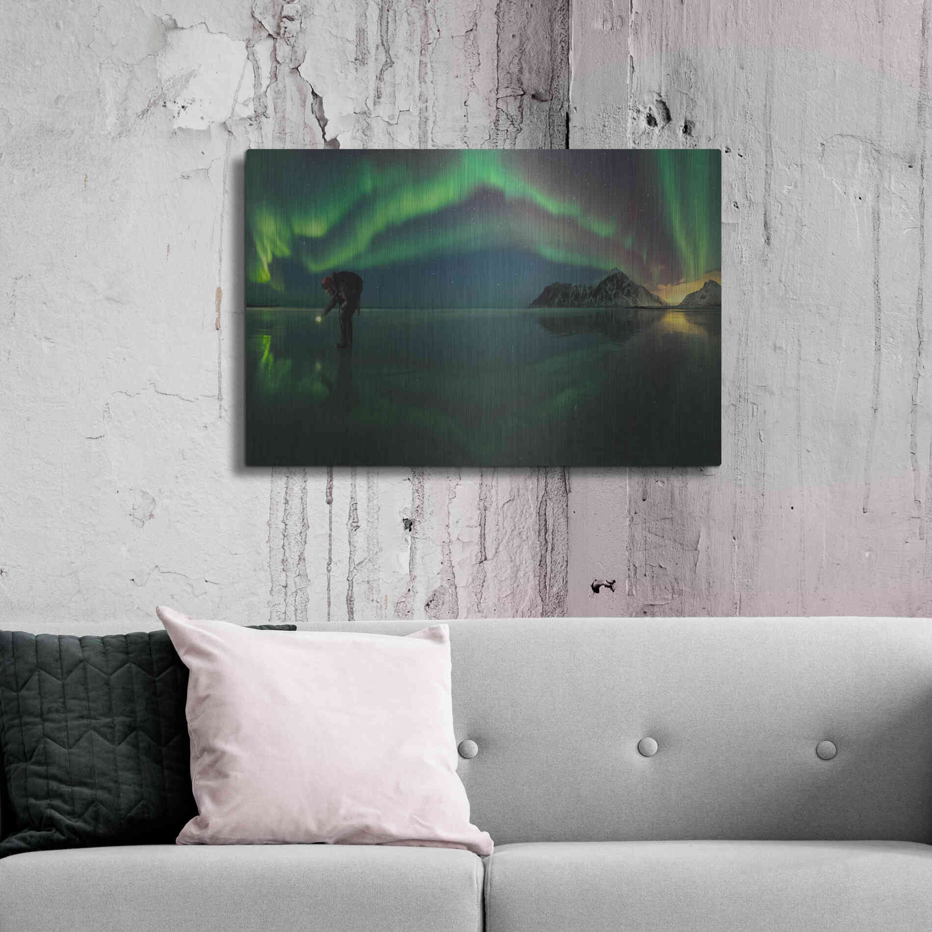 Luxe Metal Art 'Person On Ice During Northern Lights' by Luxe Portfolio, Metal Wall Art,36x24