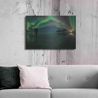 Luxe Metal Art 'Person On Ice During Northern Lights' by Luxe Portfolio, Metal Wall Art,36x24