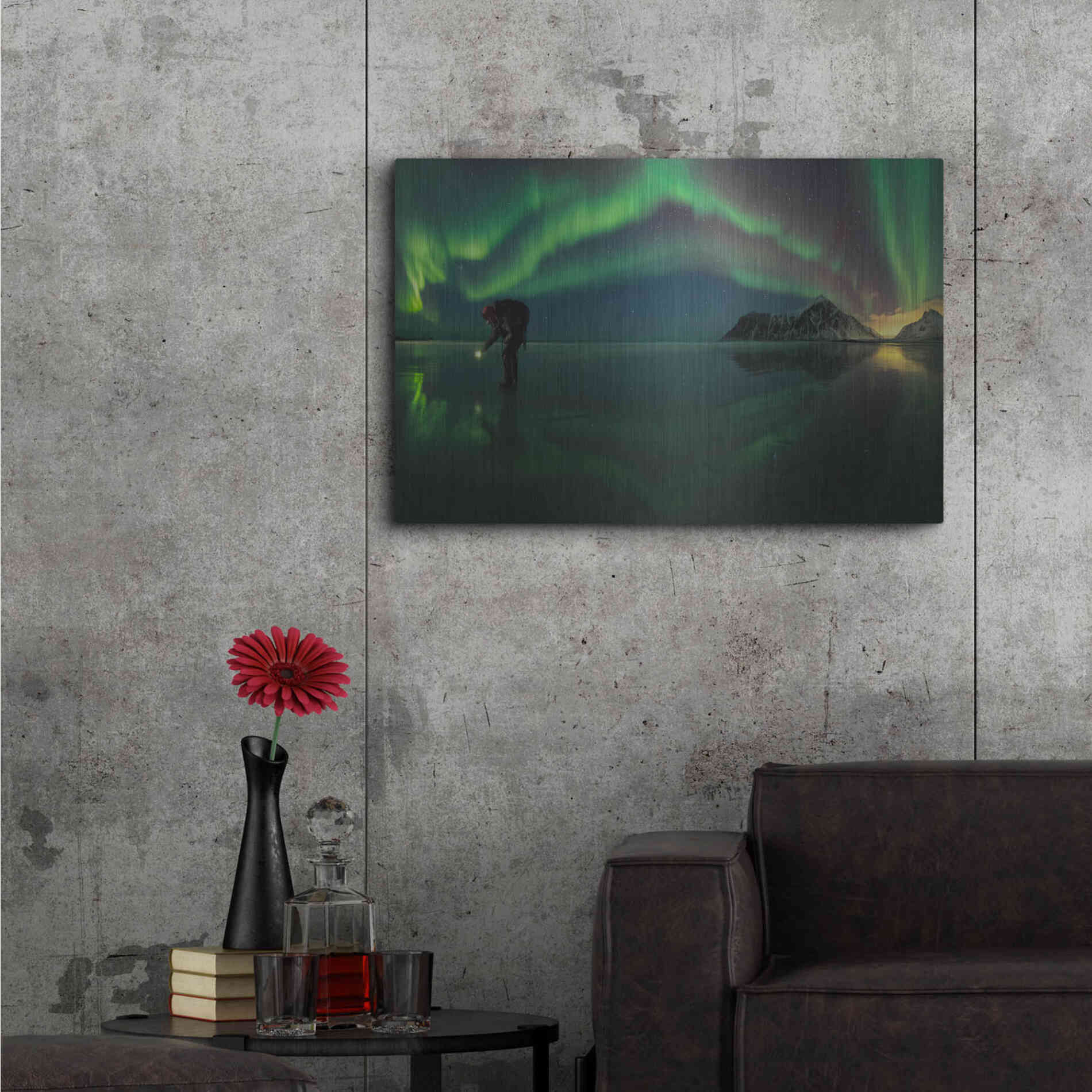 Luxe Metal Art 'Person On Ice During Northern Lights' by Luxe Portfolio, Metal Wall Art,36x24
