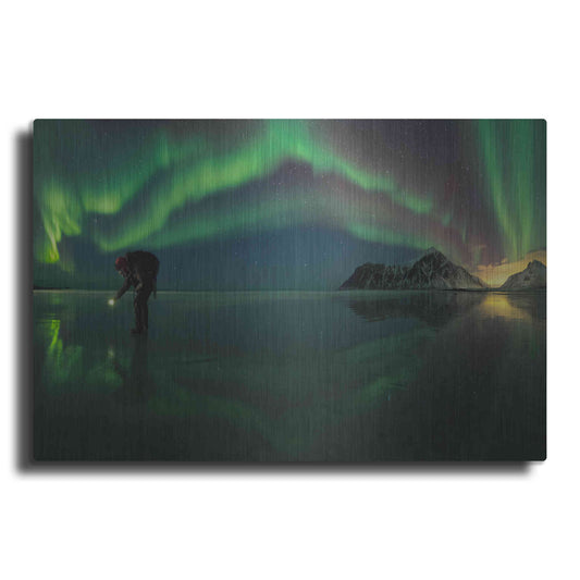 Luxe Metal Art 'Person On Ice During Northern Lights' by Luxe Portfolio, Metal Wall Art