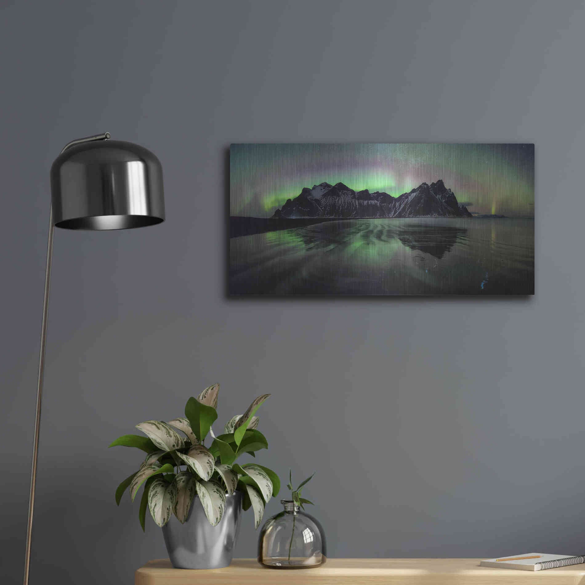 Luxe Metal Art 'Water And Mountain During Northern Lights' by Luxe Portfolio, Metal Wall Art,24x12
