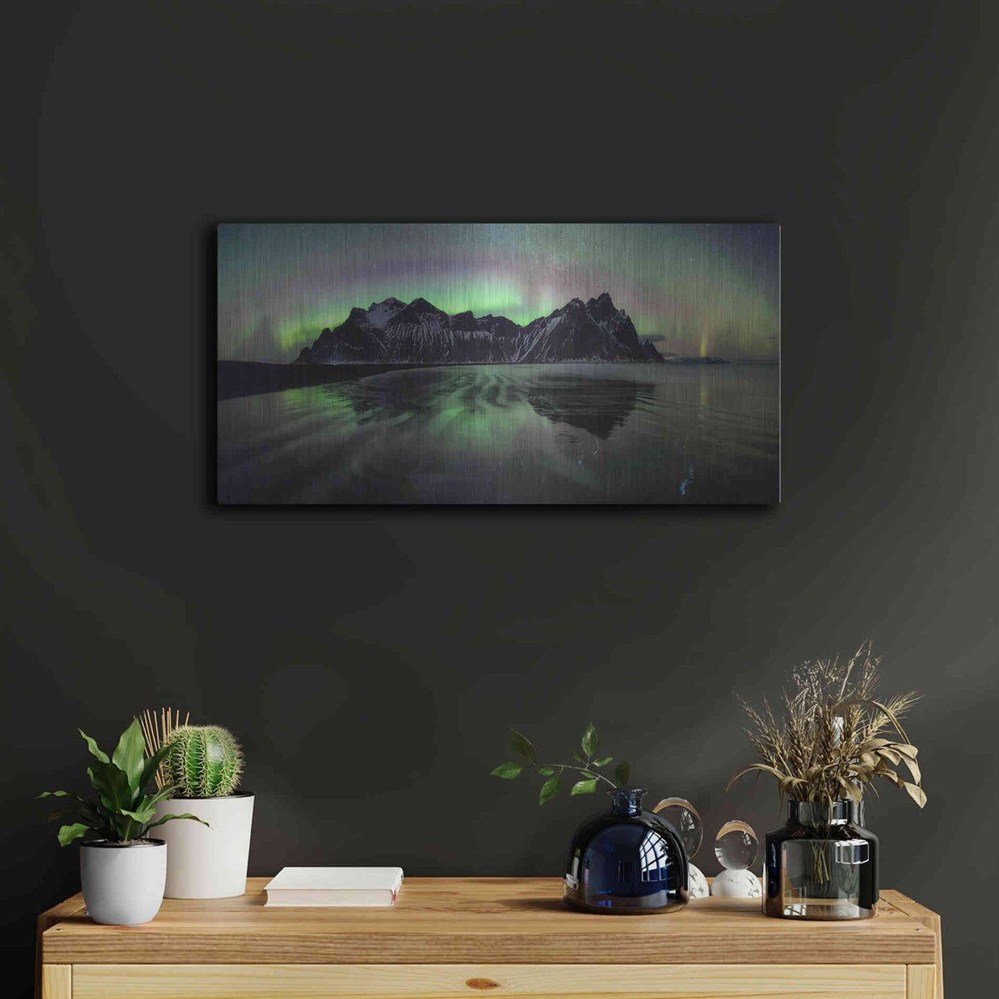Luxe Metal Art 'Water And Mountain During Northern Lights' by Luxe Portfolio, Metal Wall Art,24x12