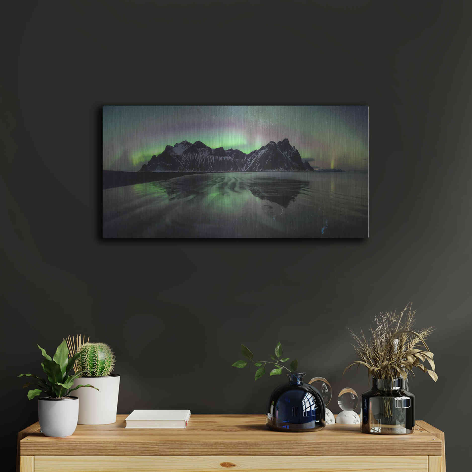 Luxe Metal Art 'Water And Mountain During Northern Lights' by Luxe Portfolio, Metal Wall Art,24x12