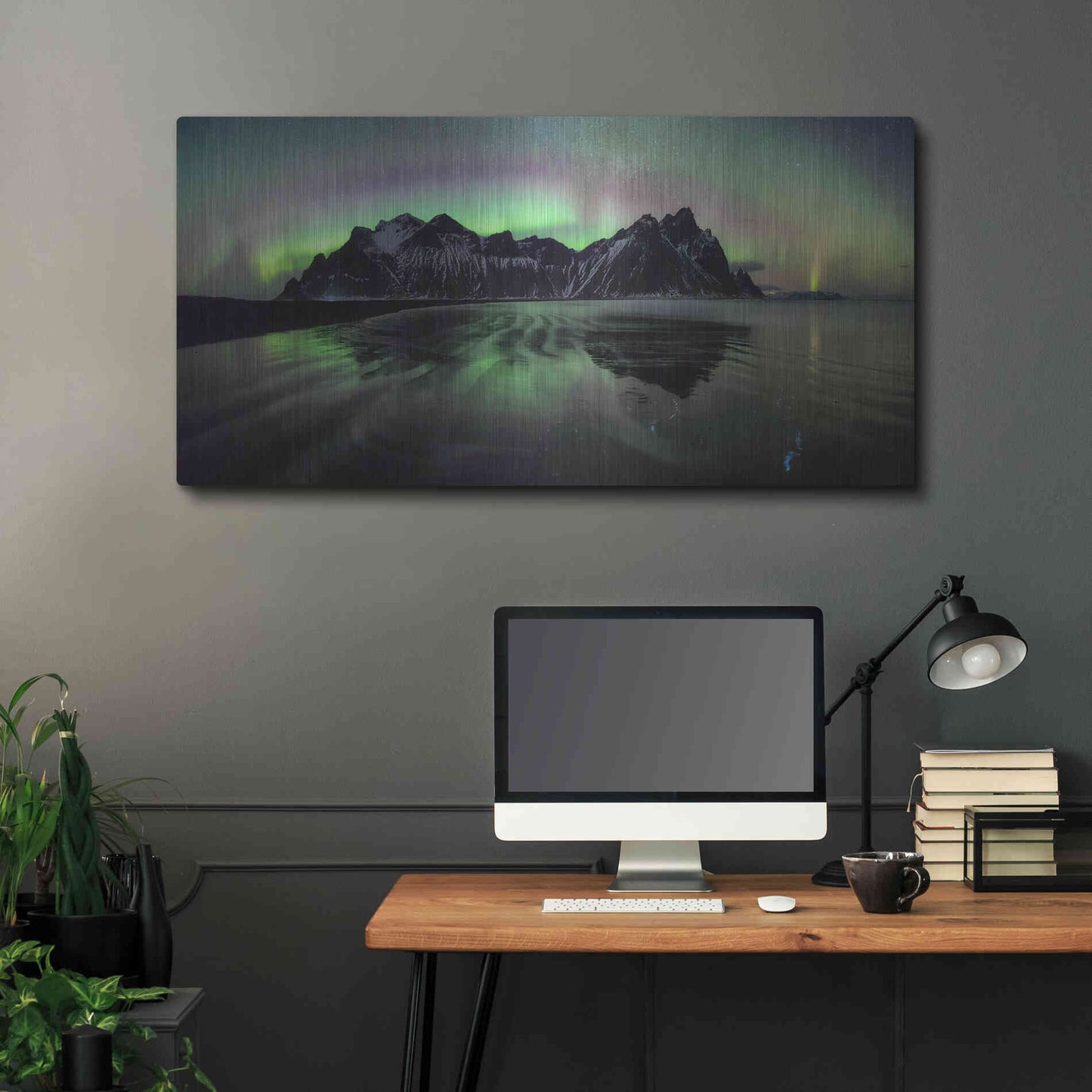 Luxe Metal Art 'Water And Mountain During Northern Lights' by Luxe Portfolio, Metal Wall Art,48x24