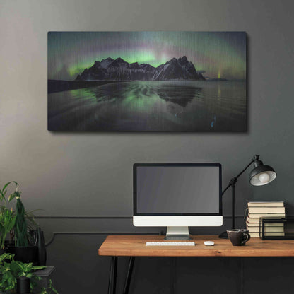 Luxe Metal Art 'Water And Mountain During Northern Lights' by Luxe Portfolio, Metal Wall Art,48x24