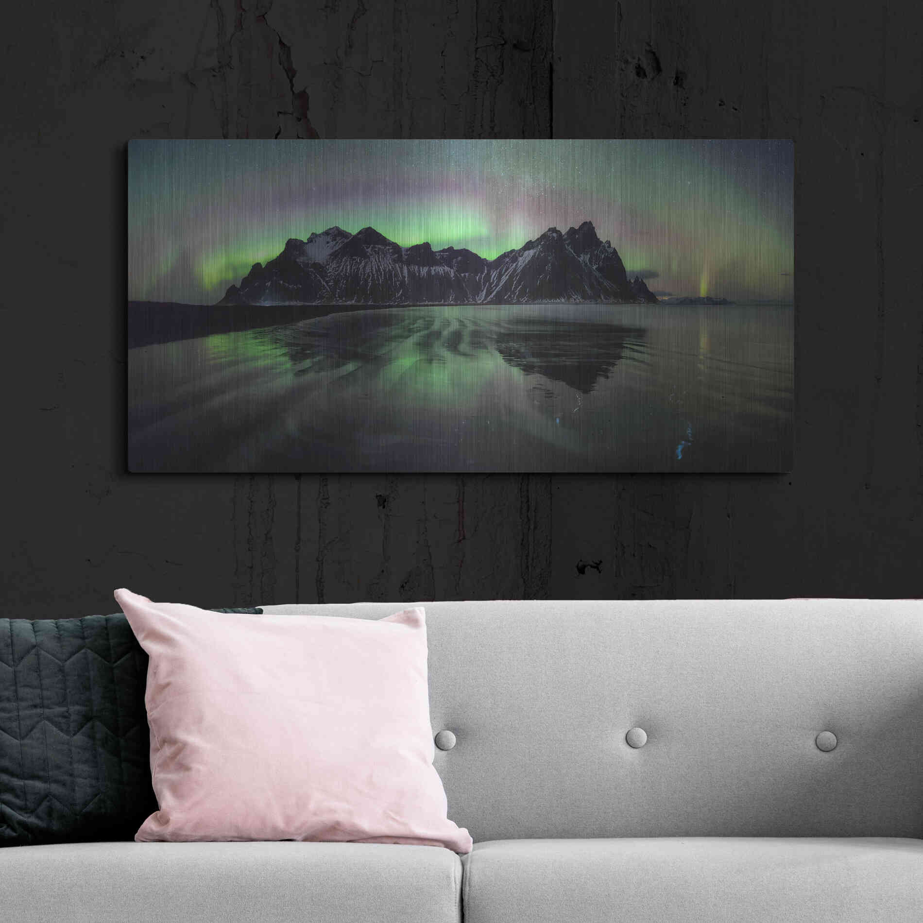 Luxe Metal Art 'Water And Mountain During Northern Lights' by Luxe Portfolio, Metal Wall Art,48x24