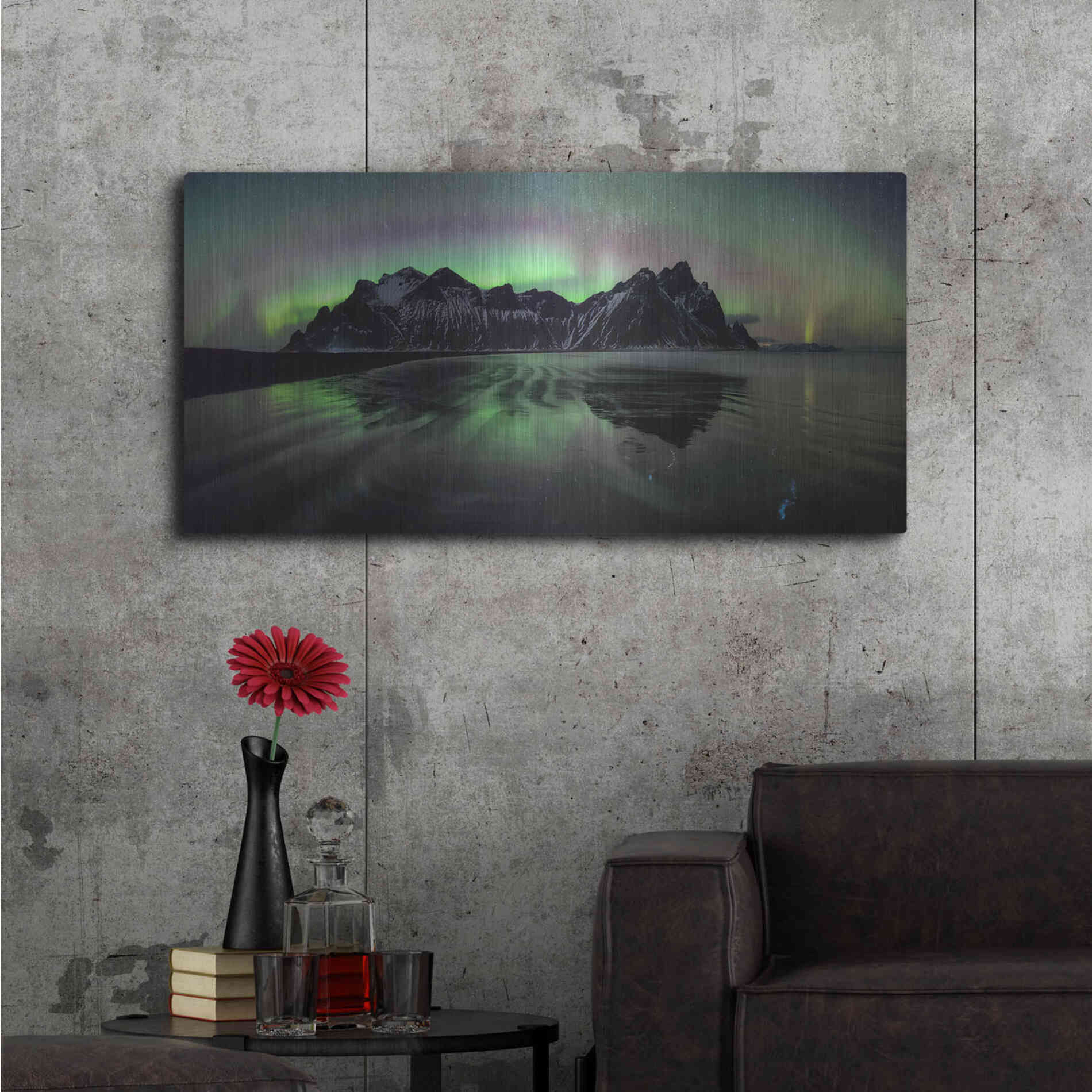 Luxe Metal Art 'Water And Mountain During Northern Lights' by Luxe Portfolio, Metal Wall Art,48x24