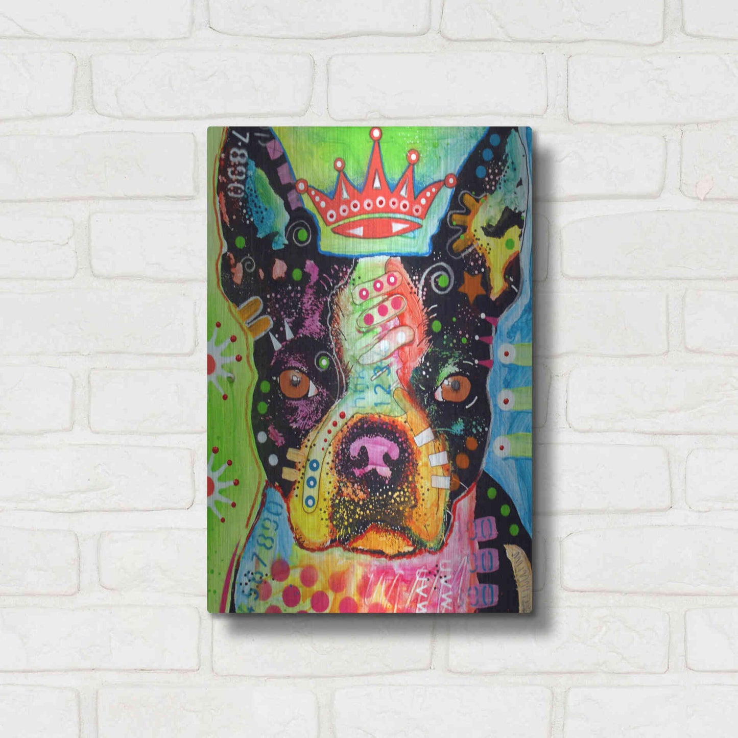 Luxe Metal Art 'Boston Terrier Crowned' by Dean Russo, Metal Wall Art,12x16