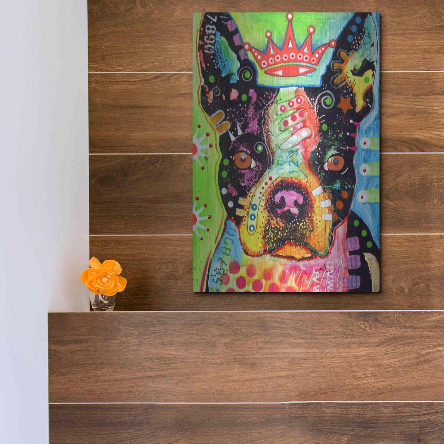 Luxe Metal Art 'Boston Terrier Crowned' by Dean Russo, Metal Wall Art,12x16