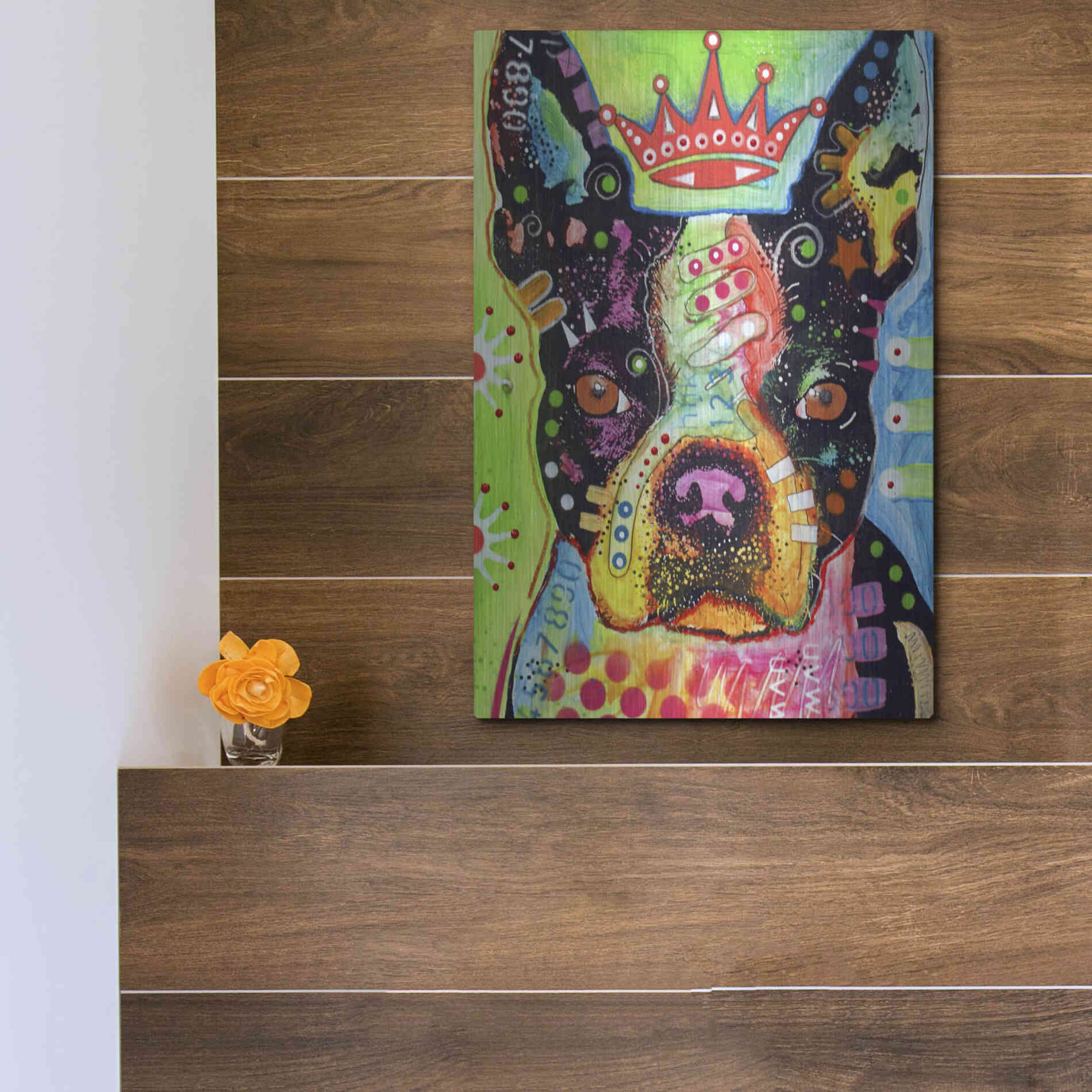 Luxe Metal Art 'Boston Terrier Crowned' by Dean Russo, Metal Wall Art,12x16