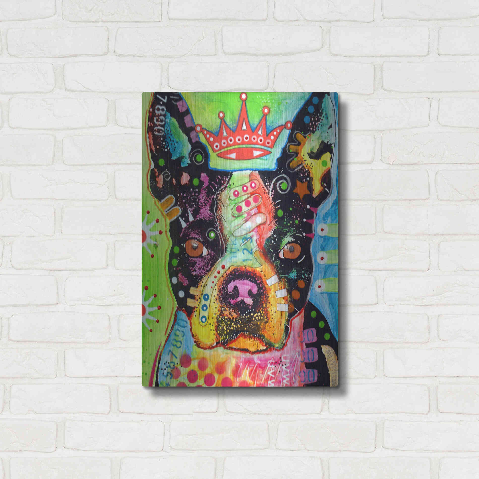 Luxe Metal Art 'Boston Terrier Crowned' by Dean Russo, Metal Wall Art,16x24