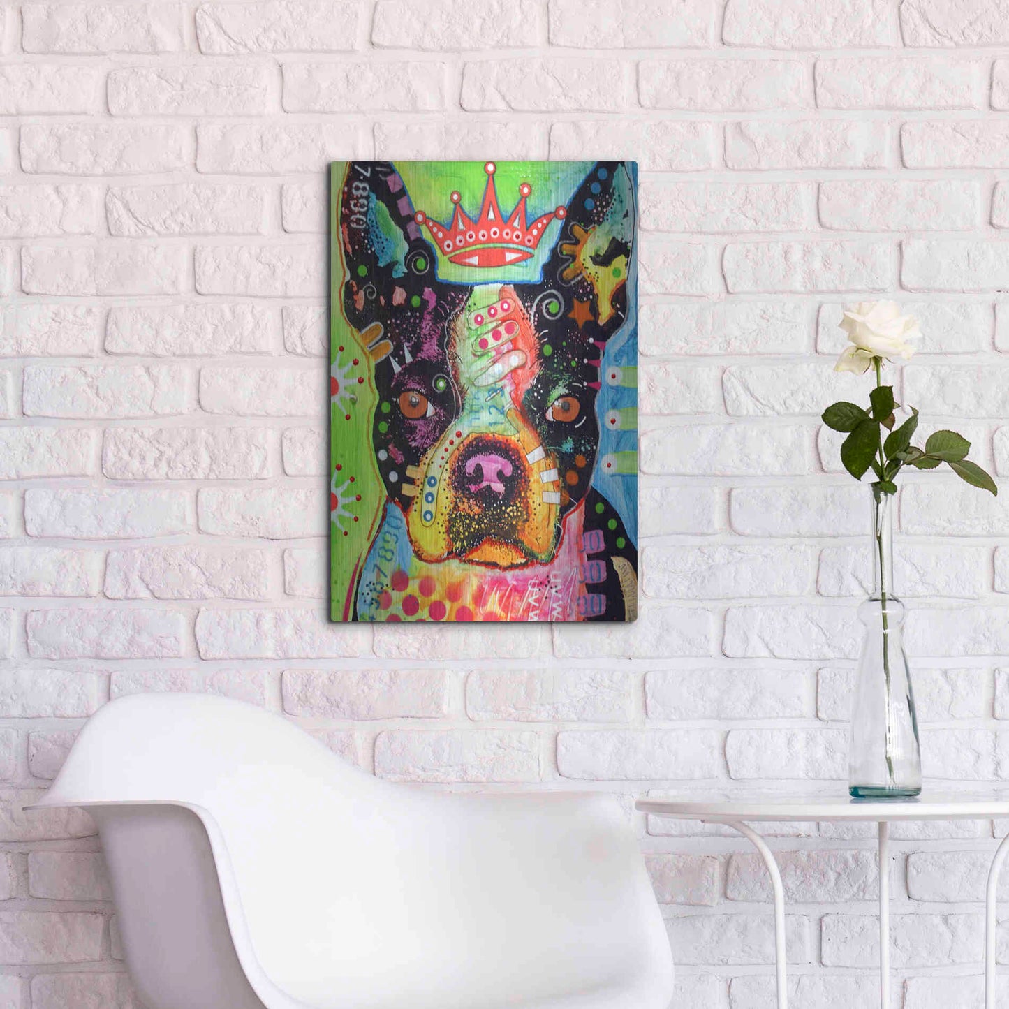 Luxe Metal Art 'Boston Terrier Crowned' by Dean Russo, Metal Wall Art,16x24