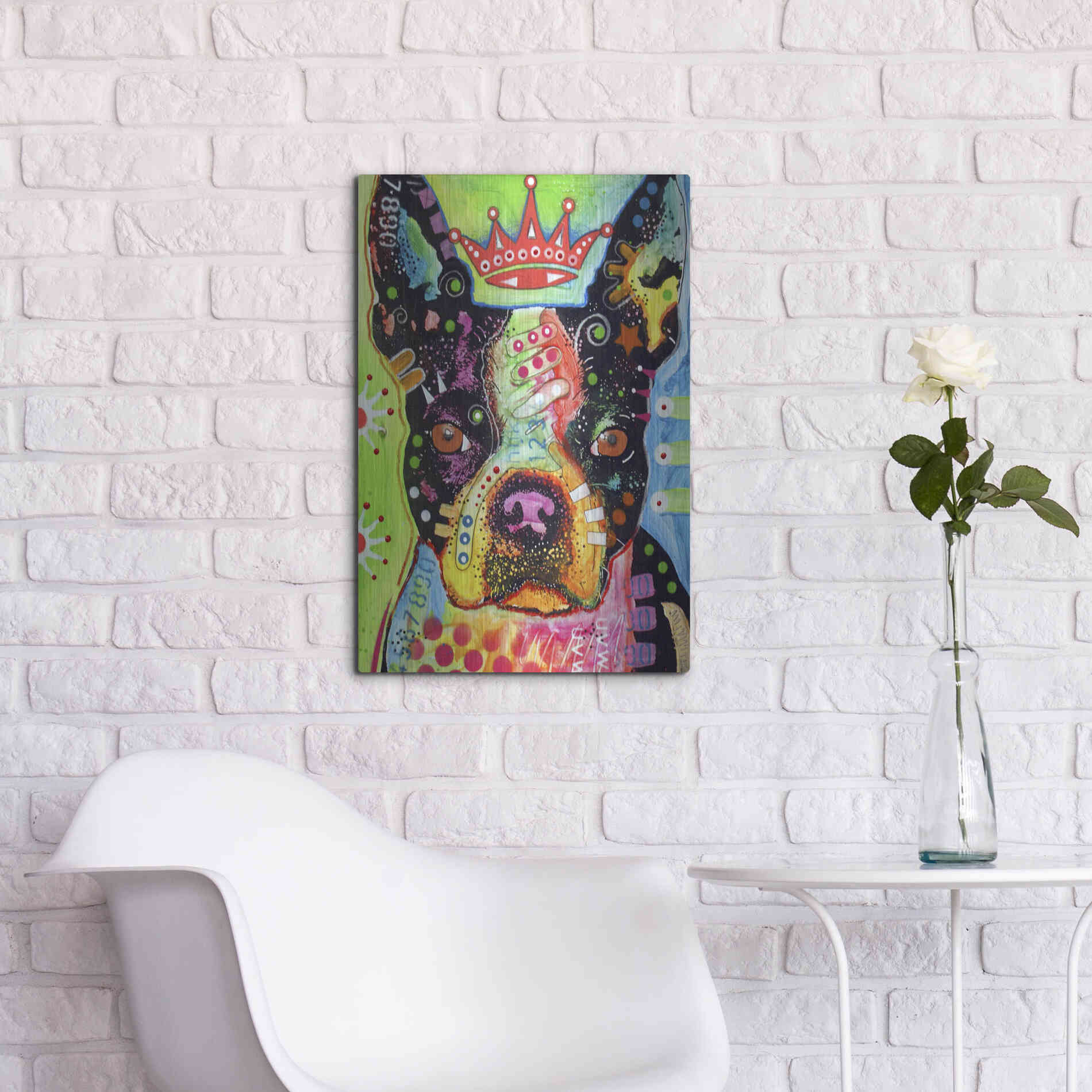 Luxe Metal Art 'Boston Terrier Crowned' by Dean Russo, Metal Wall Art,16x24