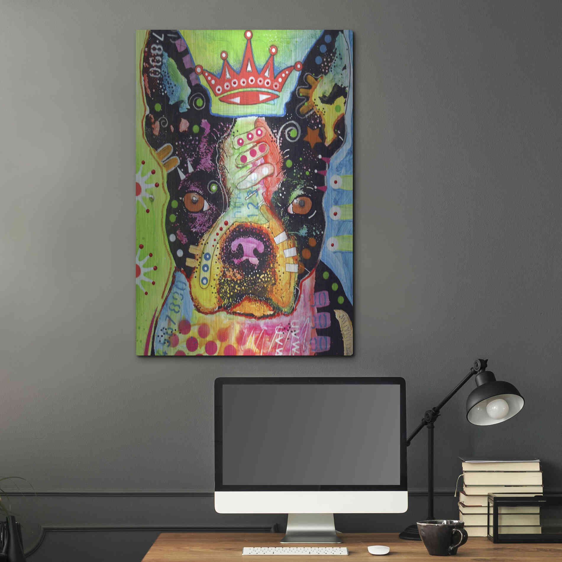 Luxe Metal Art 'Boston Terrier Crowned' by Dean Russo, Metal Wall Art,24x36