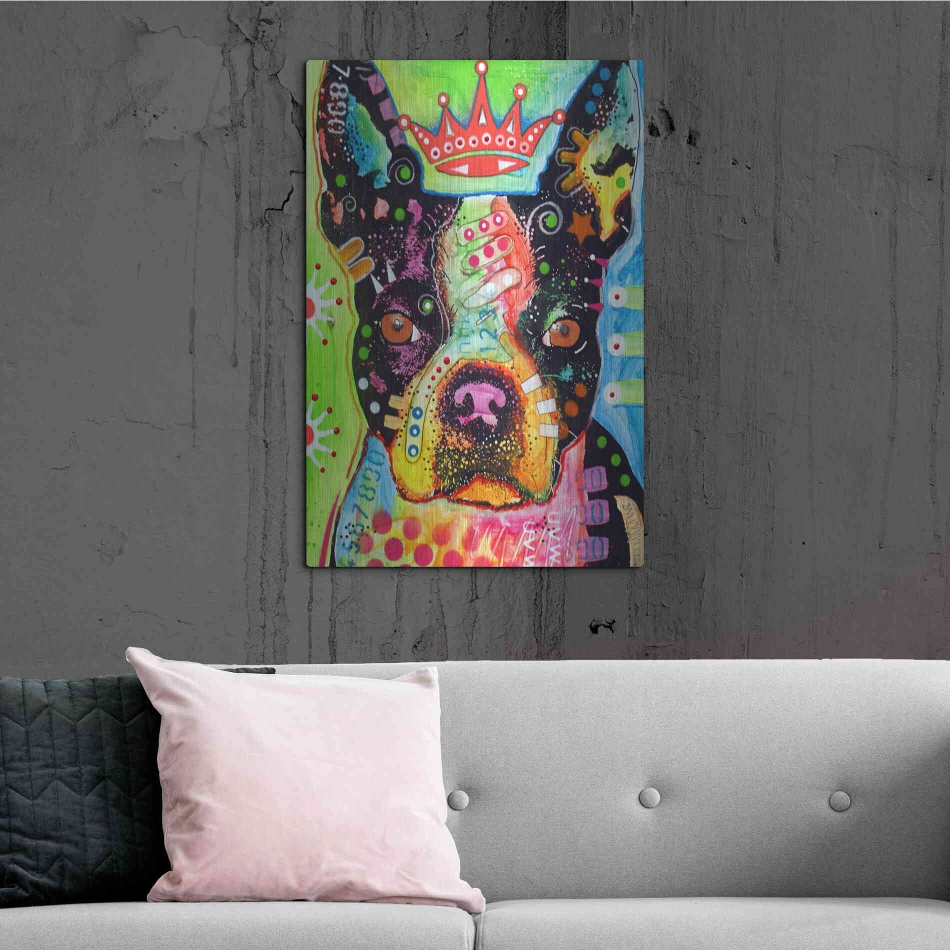 Luxe Metal Art 'Boston Terrier Crowned' by Dean Russo, Metal Wall Art,24x36