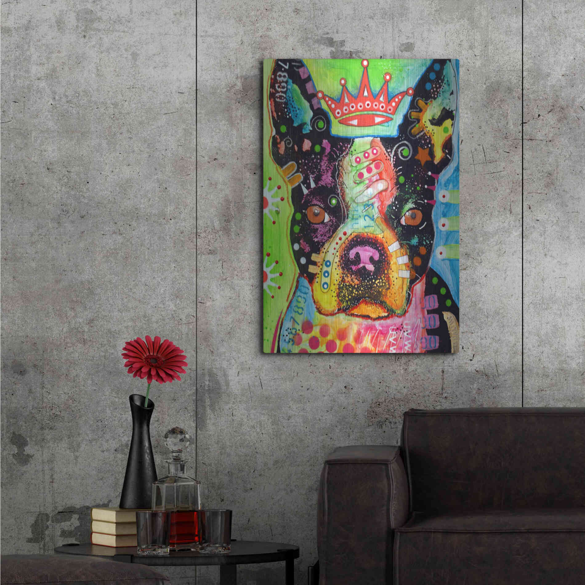 Luxe Metal Art 'Boston Terrier Crowned' by Dean Russo, Metal Wall Art,24x36