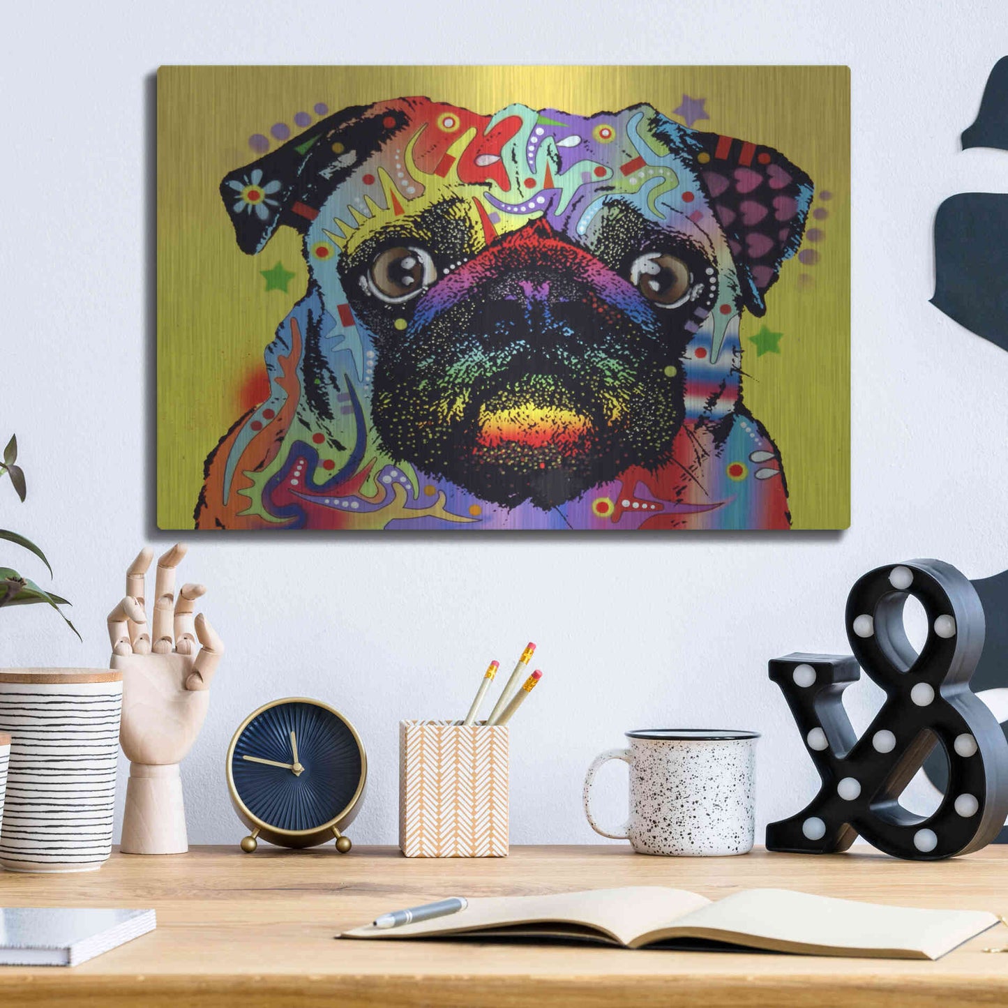 Luxe Metal Art 'Pug 1' by Dean Russo, Metal Wall Art,16x12