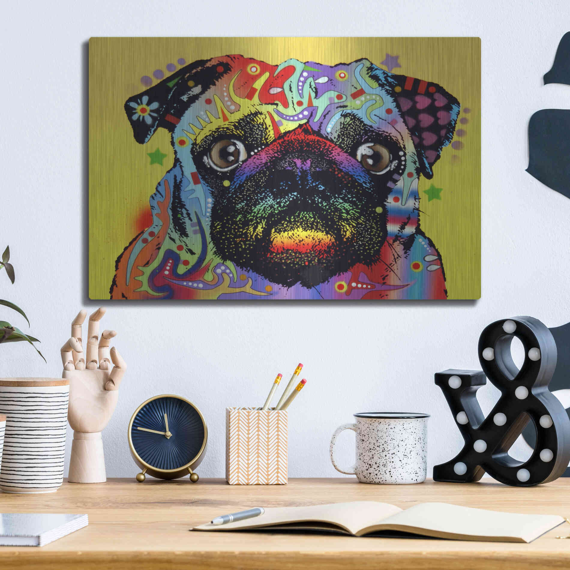 Luxe Metal Art 'Pug 1' by Dean Russo, Metal Wall Art,16x12