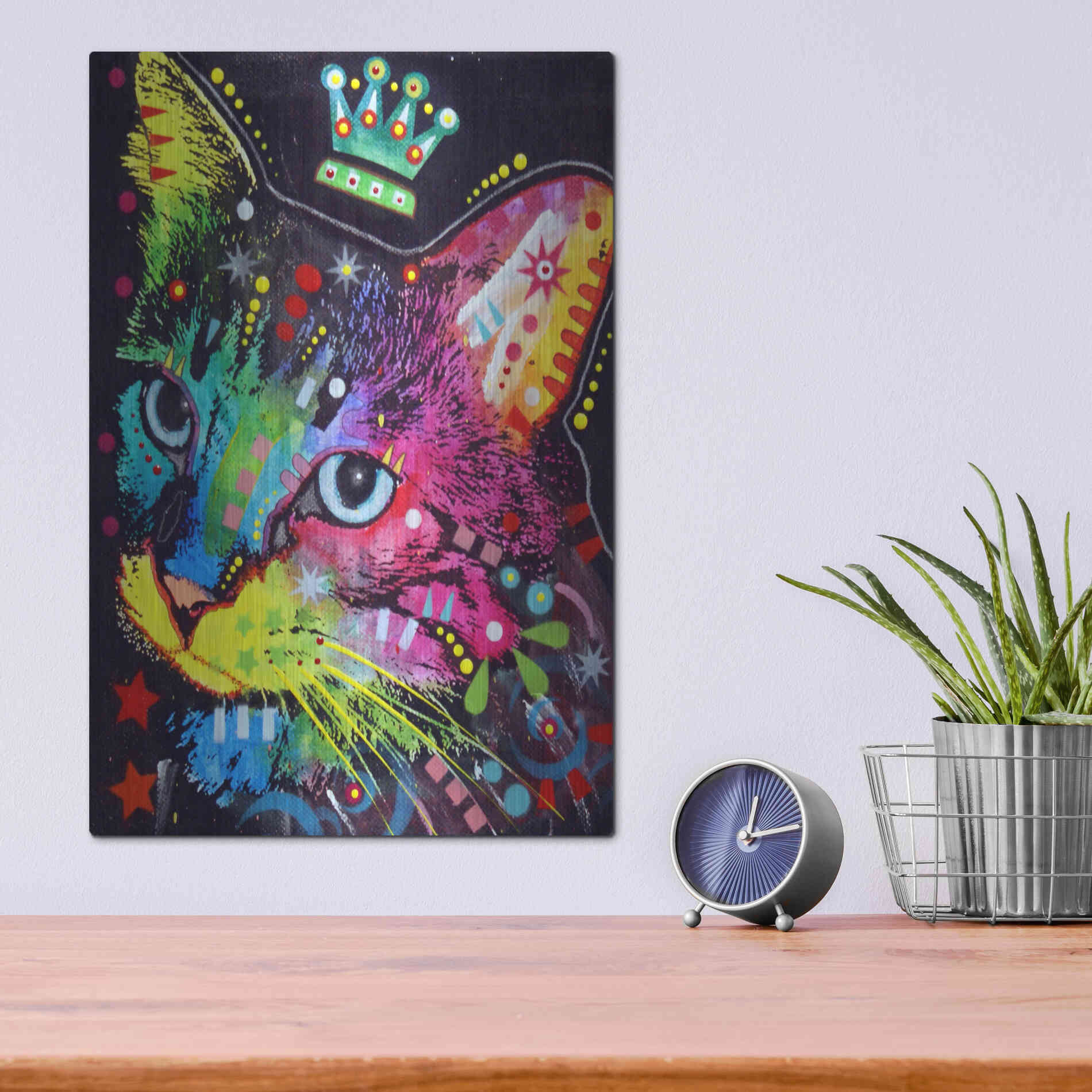 Luxe Metal Art 'Thinking Cat Crowned' by Dean Russo, Metal Wall Art,12x16