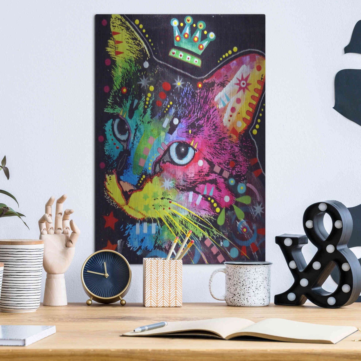 Luxe Metal Art 'Thinking Cat Crowned' by Dean Russo, Metal Wall Art,12x16