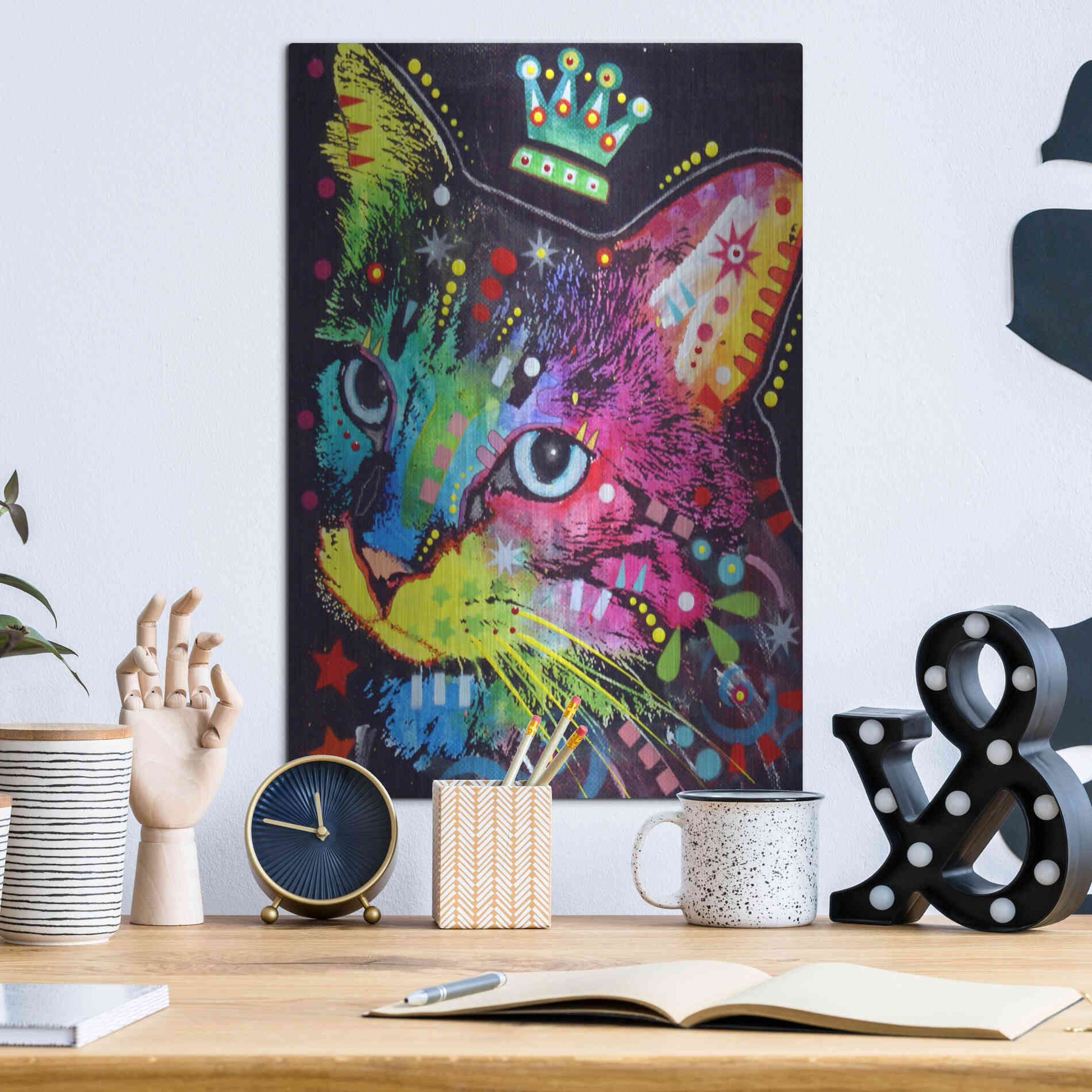 Luxe Metal Art 'Thinking Cat Crowned' by Dean Russo, Metal Wall Art,12x16