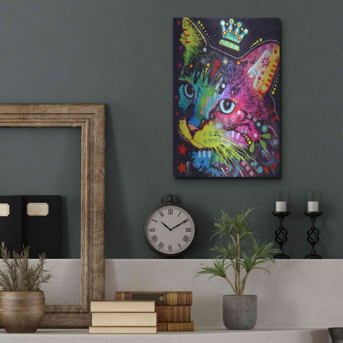Luxe Metal Art 'Thinking Cat Crowned' by Dean Russo, Metal Wall Art,12x16