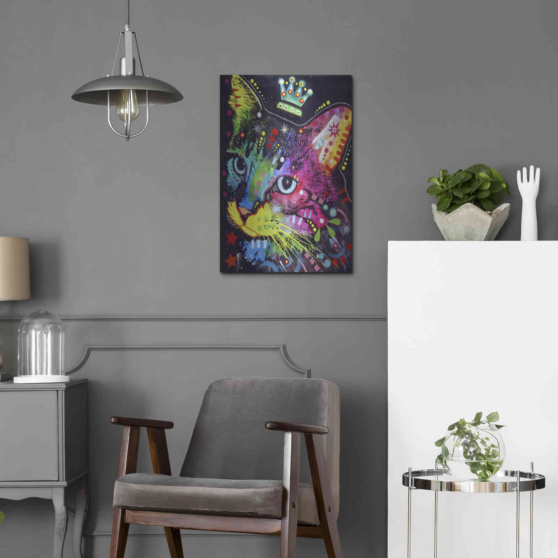 Luxe Metal Art 'Thinking Cat Crowned' by Dean Russo, Metal Wall Art,16x24