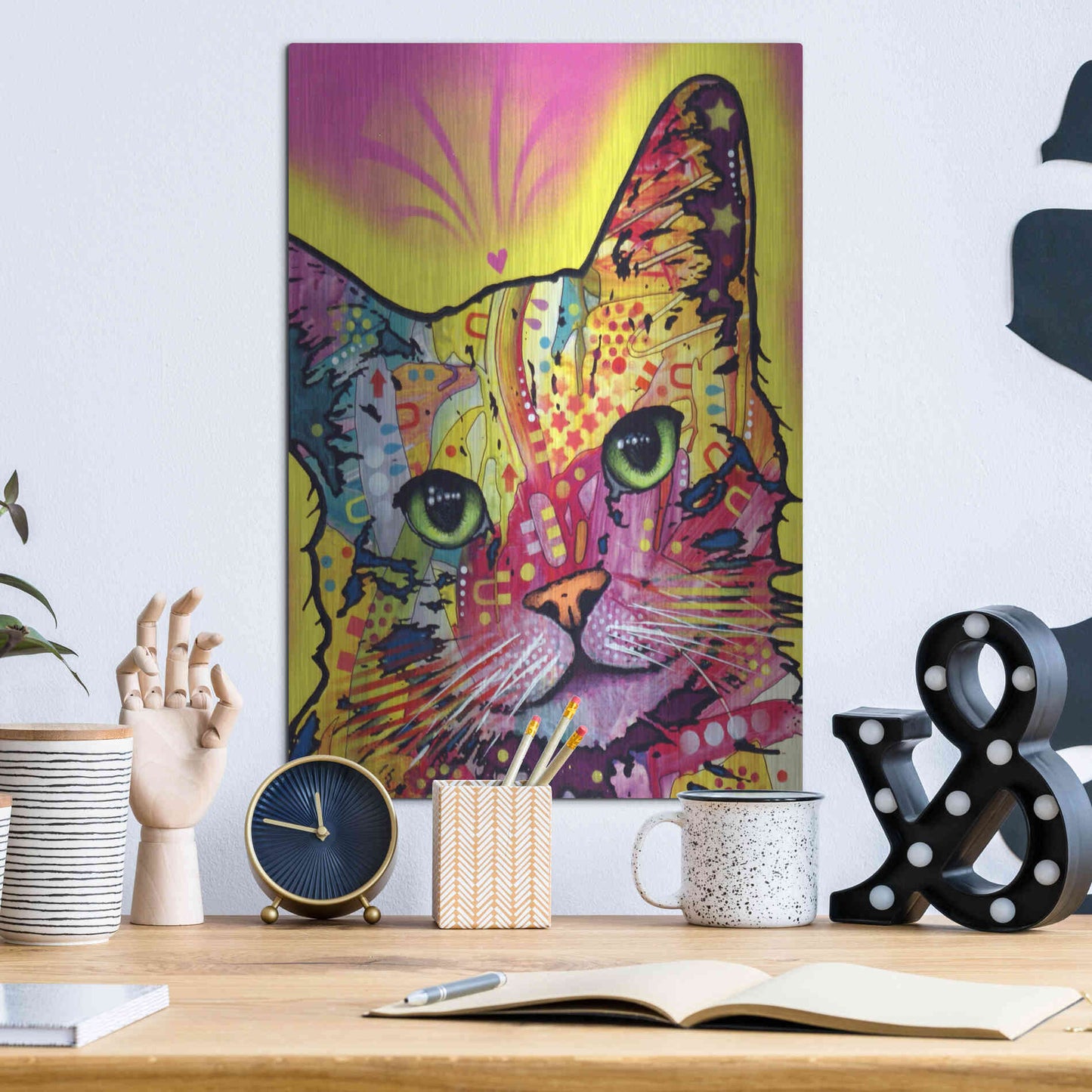 Luxe Metal Art 'Tilt Cat I' by Dean Russo, Metal Wall Art,12x16