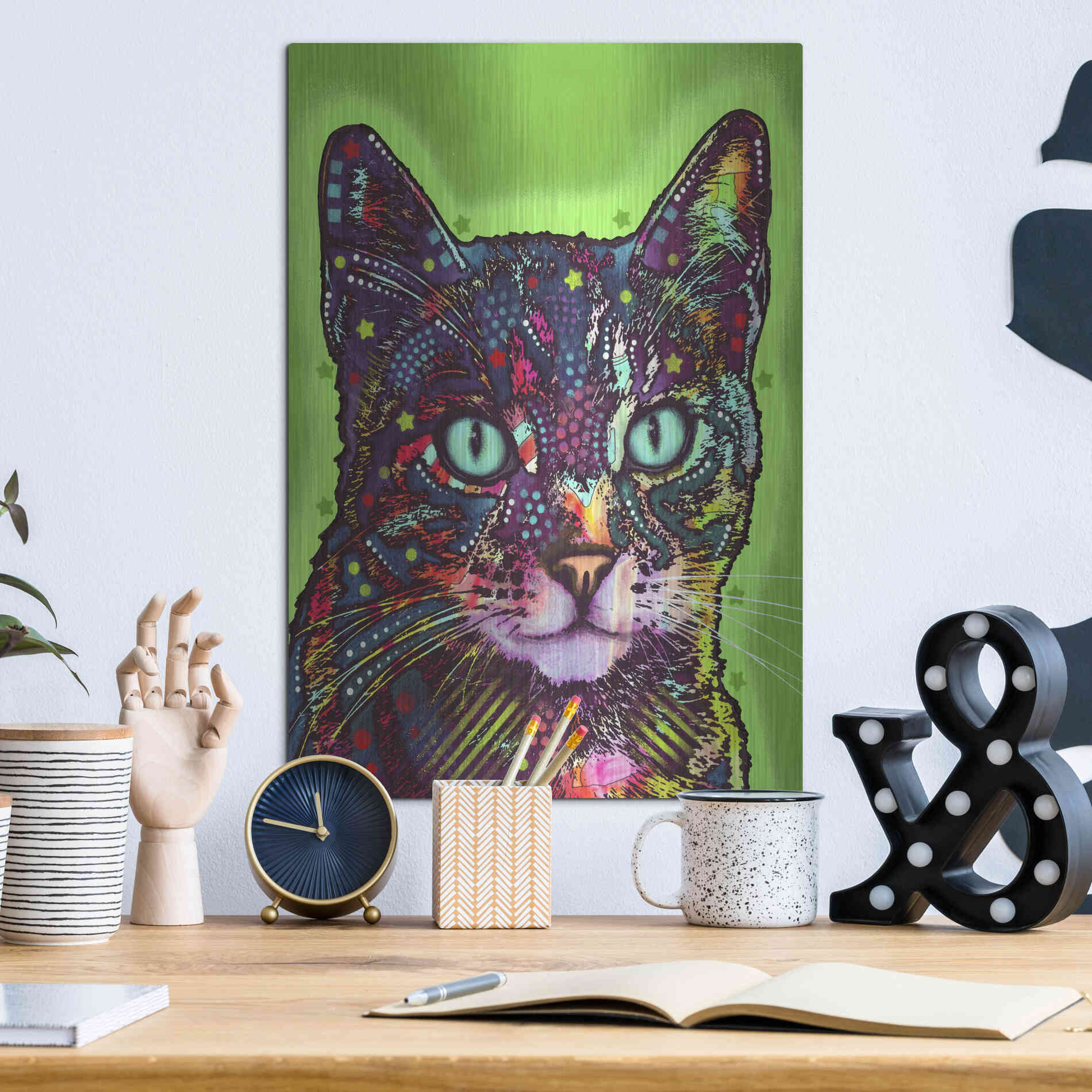 Luxe Metal Art 'Watchful Cat' by Dean Russo, Metal Wall Art,12x16